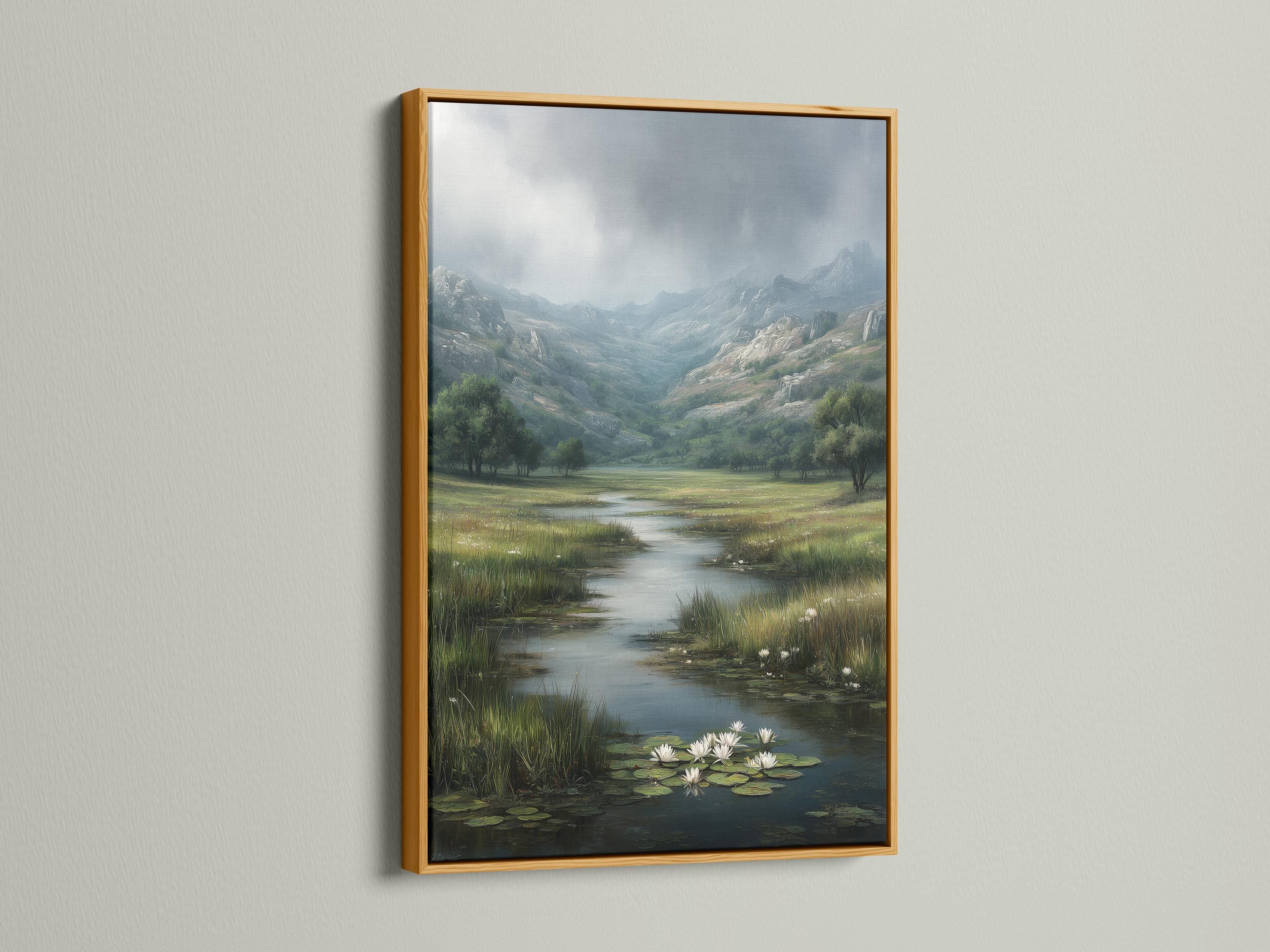 Painterly landscape of a river valley with misty mountains and lily pads with white flowers detail view