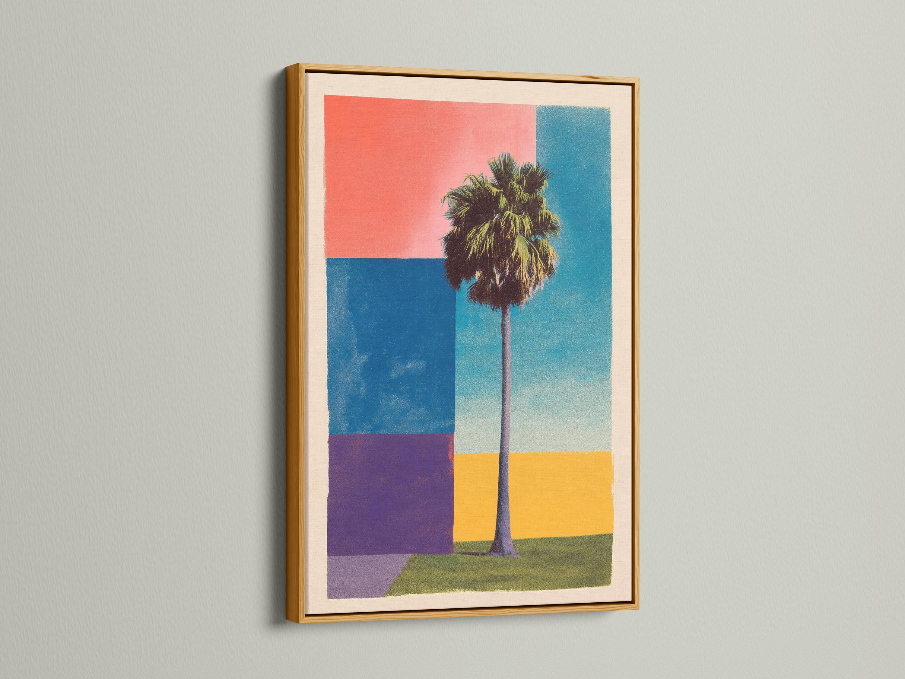 Retro geometric palm tree artwork with coral sky and turquoise blue blocks detail view