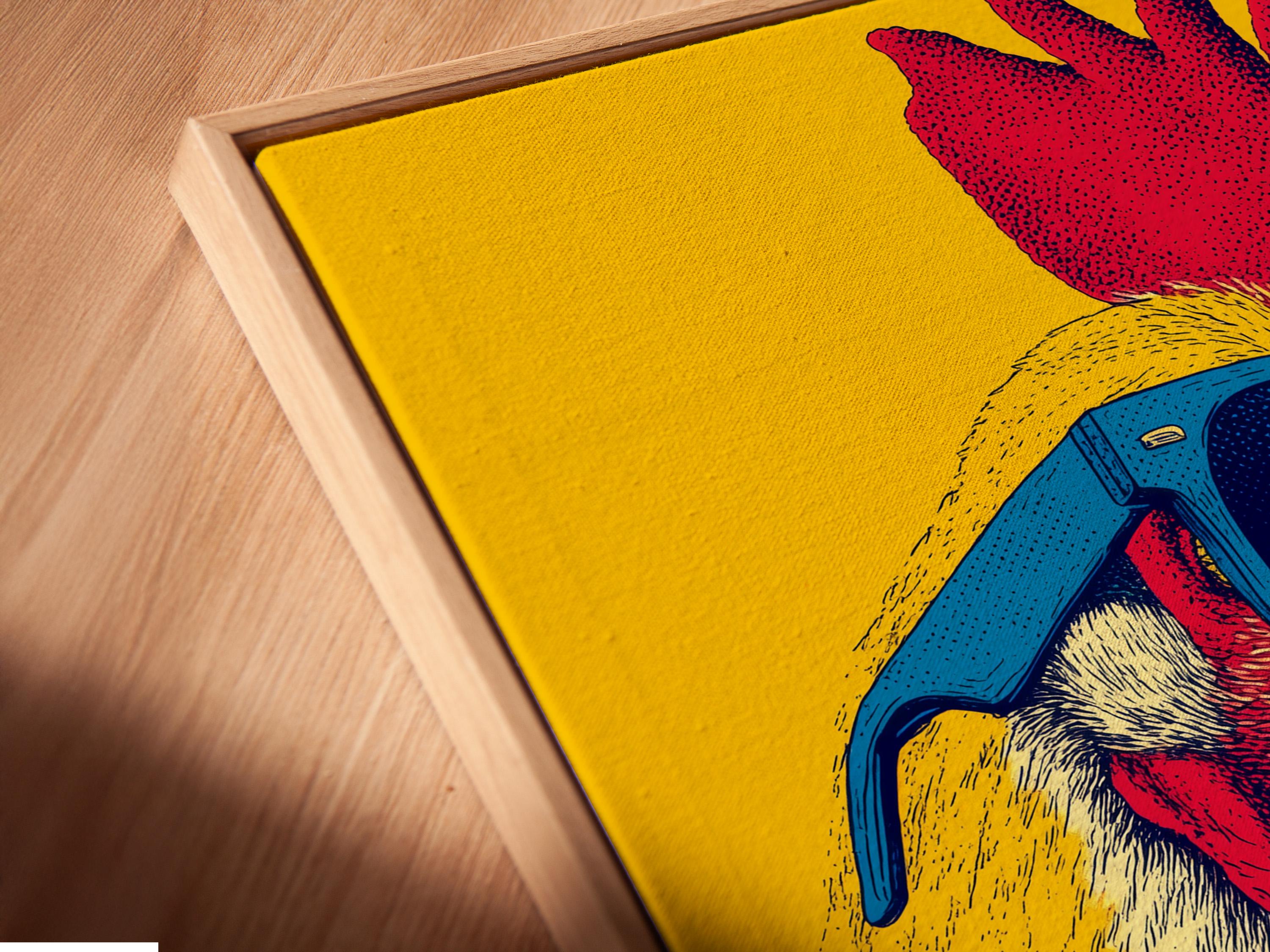 Room mockup featuring a framed pop-art rooster with blue sunglasses on a yellow background