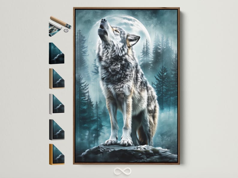 Howling wolf in black and white standing in a teal forest under a bright moon