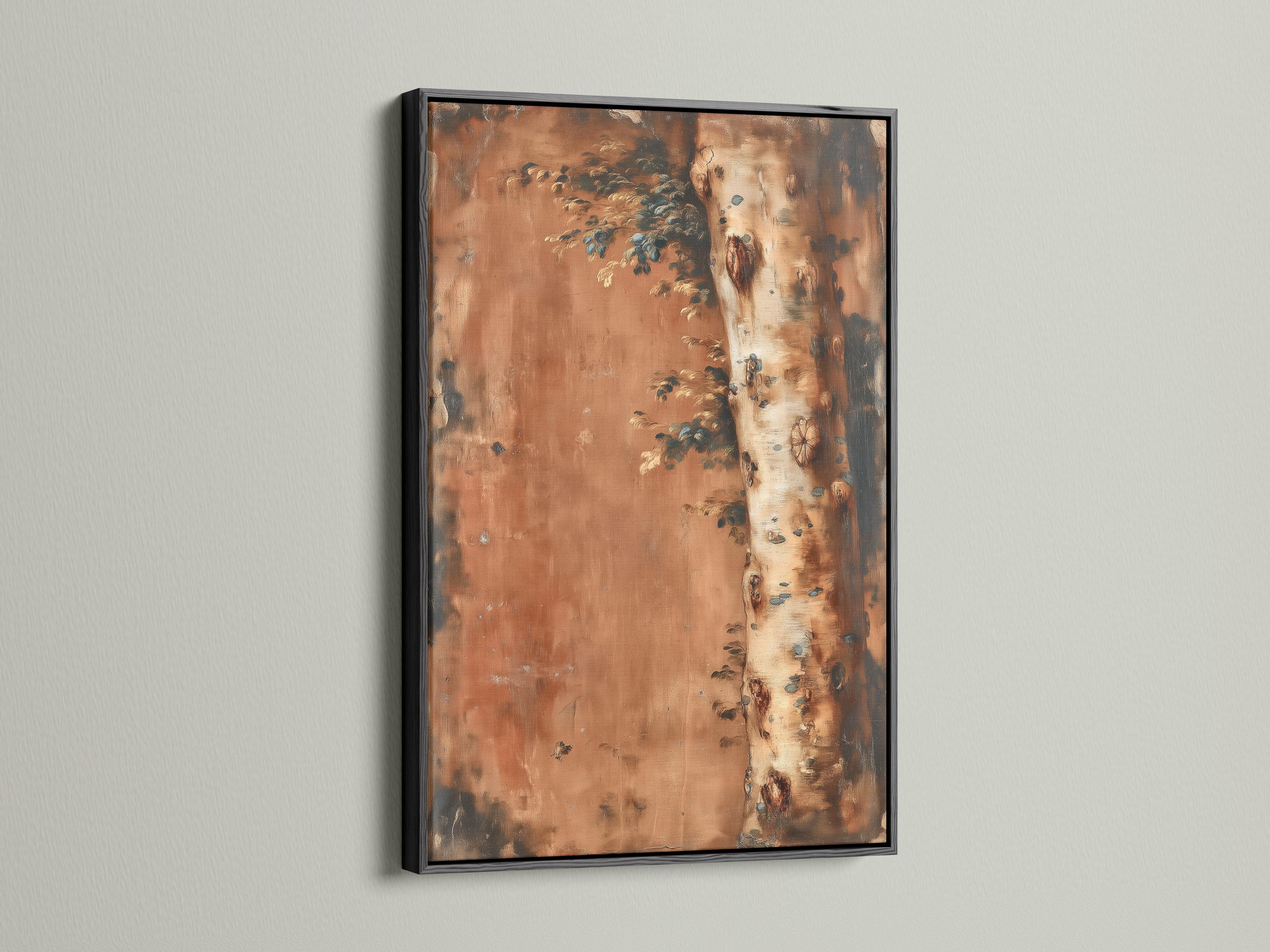 Textured tree landscape painting with a birch-like trunk on the right and leafy branches extending left detail view