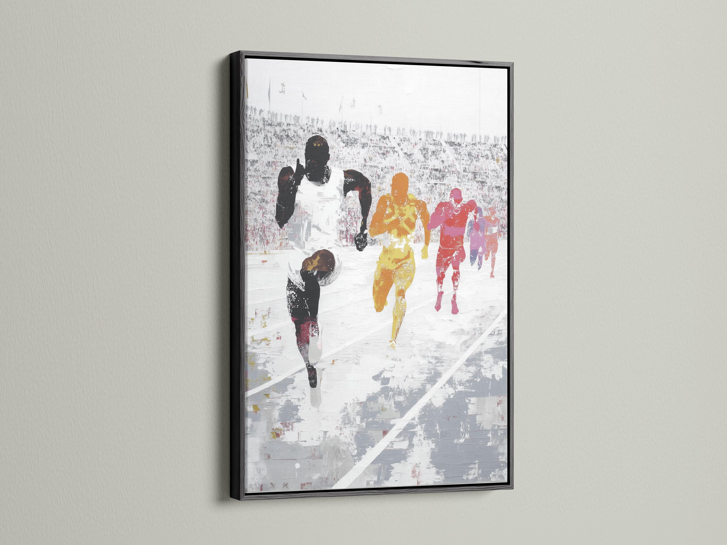 Painted runners race scene with dark silhouettes and orange, yellow and red highlights detail view