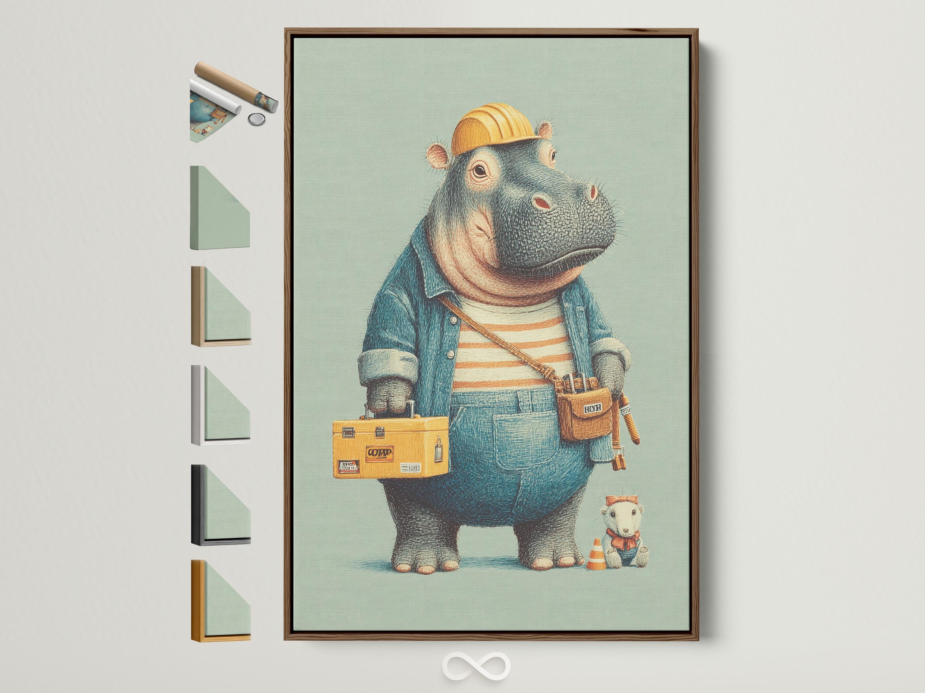 A family sitting on a bed looking at a framed hippo builder artwork above a shelf