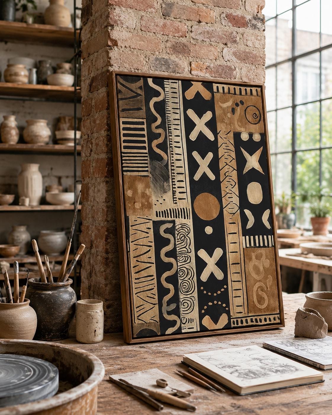 Living room mockup with a framed beige and black tribal abstract pattern above a sofa