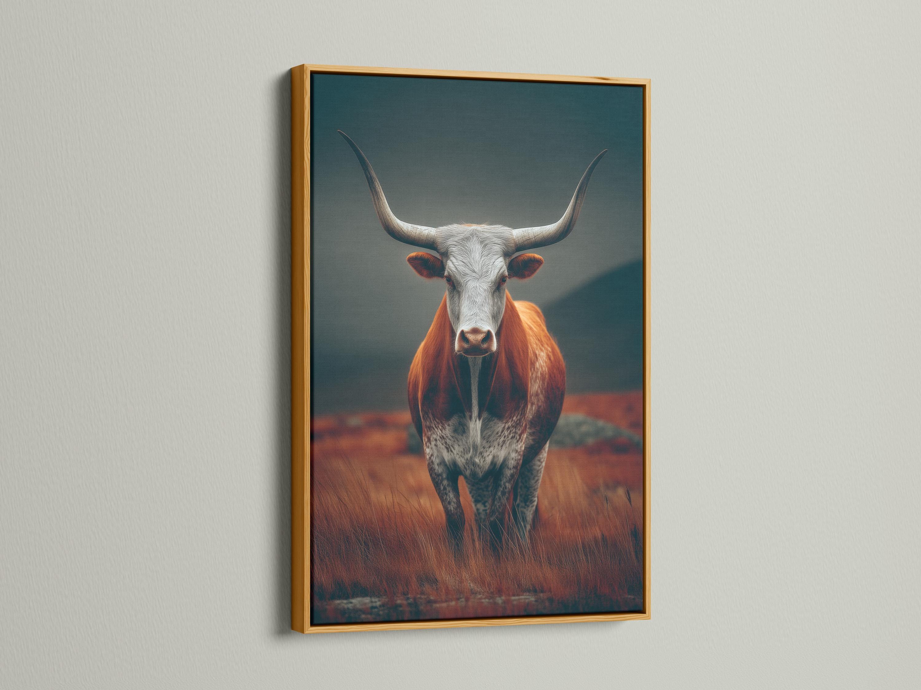 Longhorn cow artwork displayed in a framed mockup with teal and rust tones