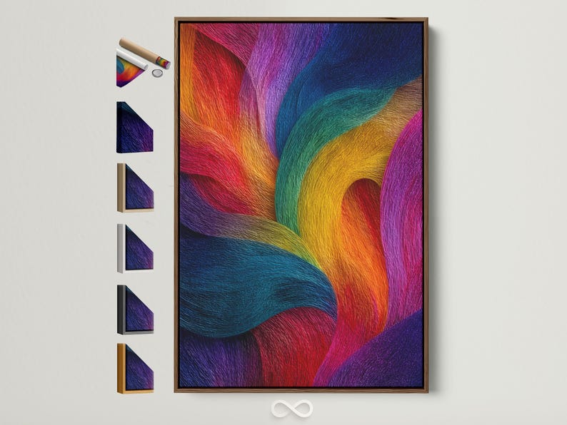 Rainbow abstract artwork with flowing curved bands in purple, blue, pink, teal, yellow and orange
