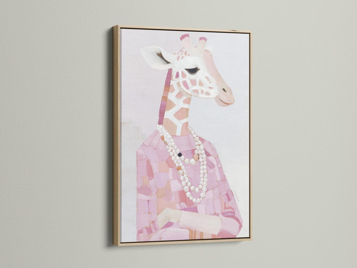 A stylised pink giraffe portrait is shown in a painterly, patchwork-like design with a pearl-like necklace, set against a pale background detail view