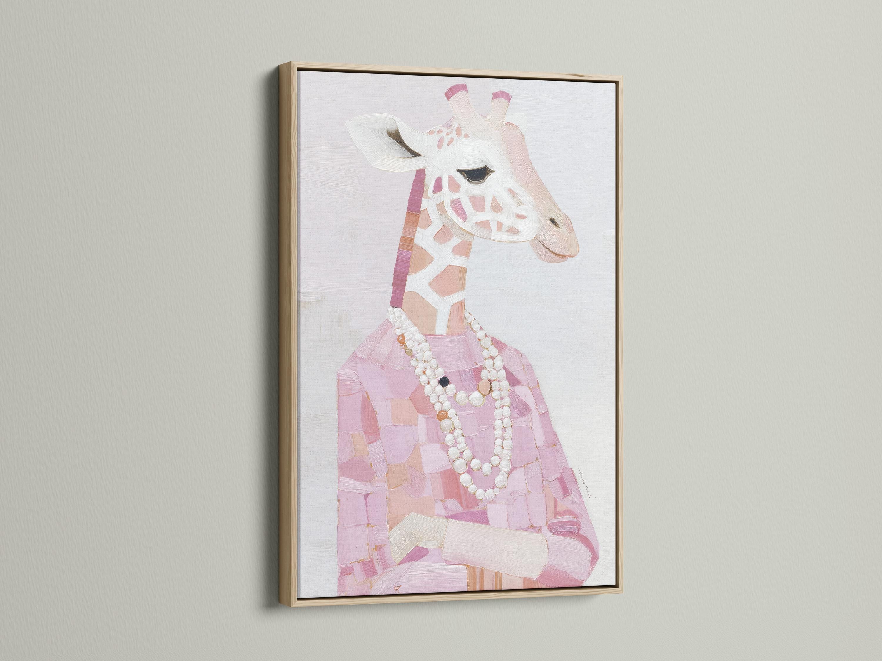 A stylised pink giraffe portrait is shown in a painterly, patchwork-like design with a pearl-like necklace, set against a pale background detail view