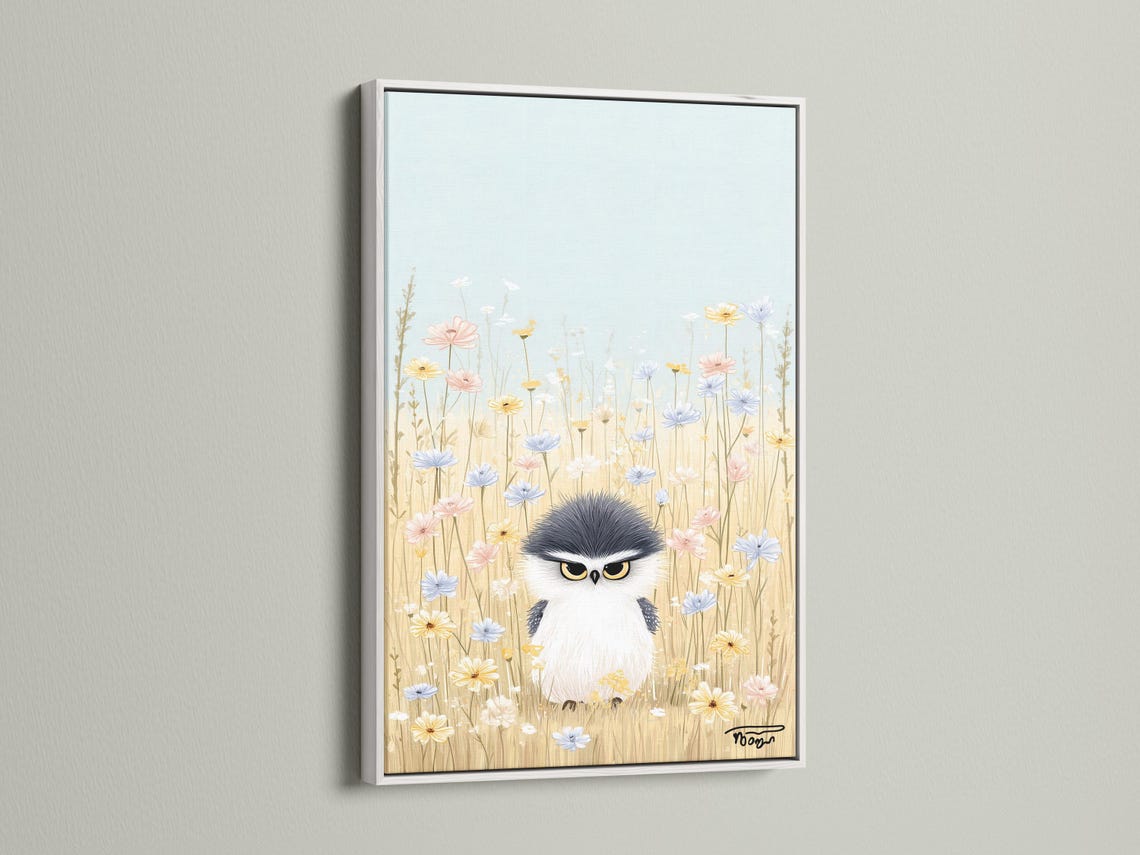 Room mockup showing an artwork with a whimsical owl in a pastel wildflower meadow