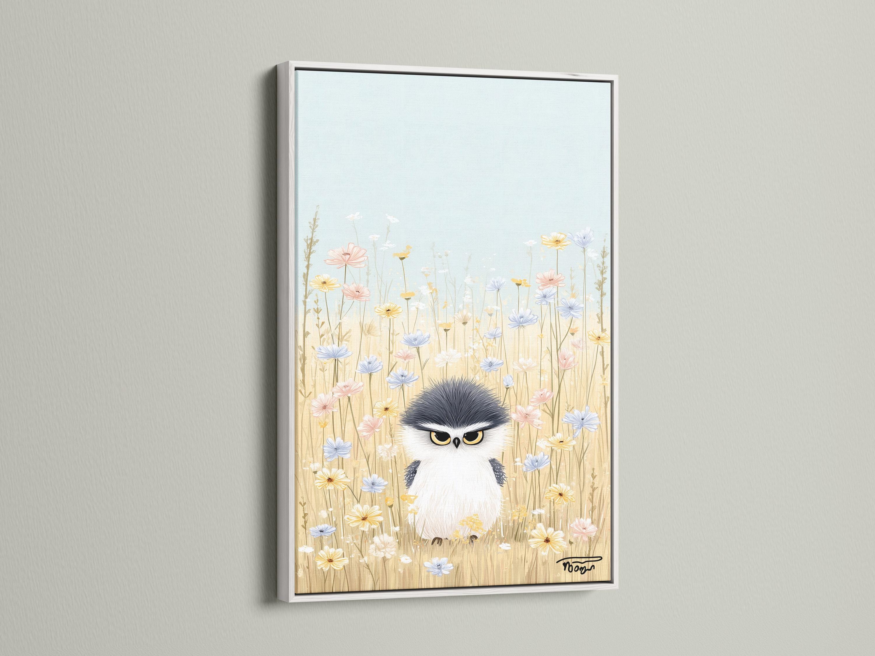 Room mockup showing an artwork with a whimsical owl in a pastel wildflower meadow