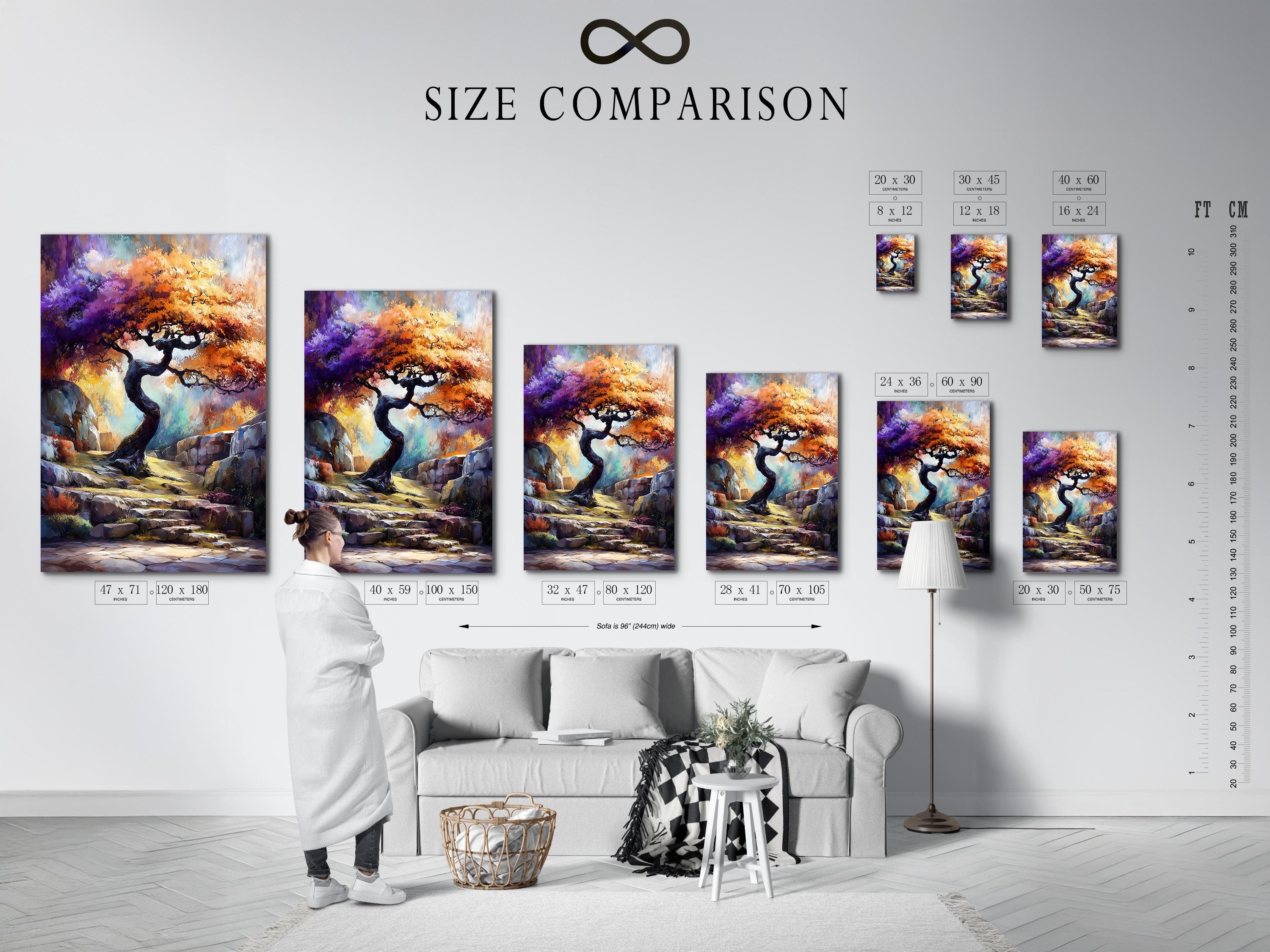 Fantasy tree landscape artwork with a twisted tree, rocky steps and vivid purple, orange and blue colours detail view