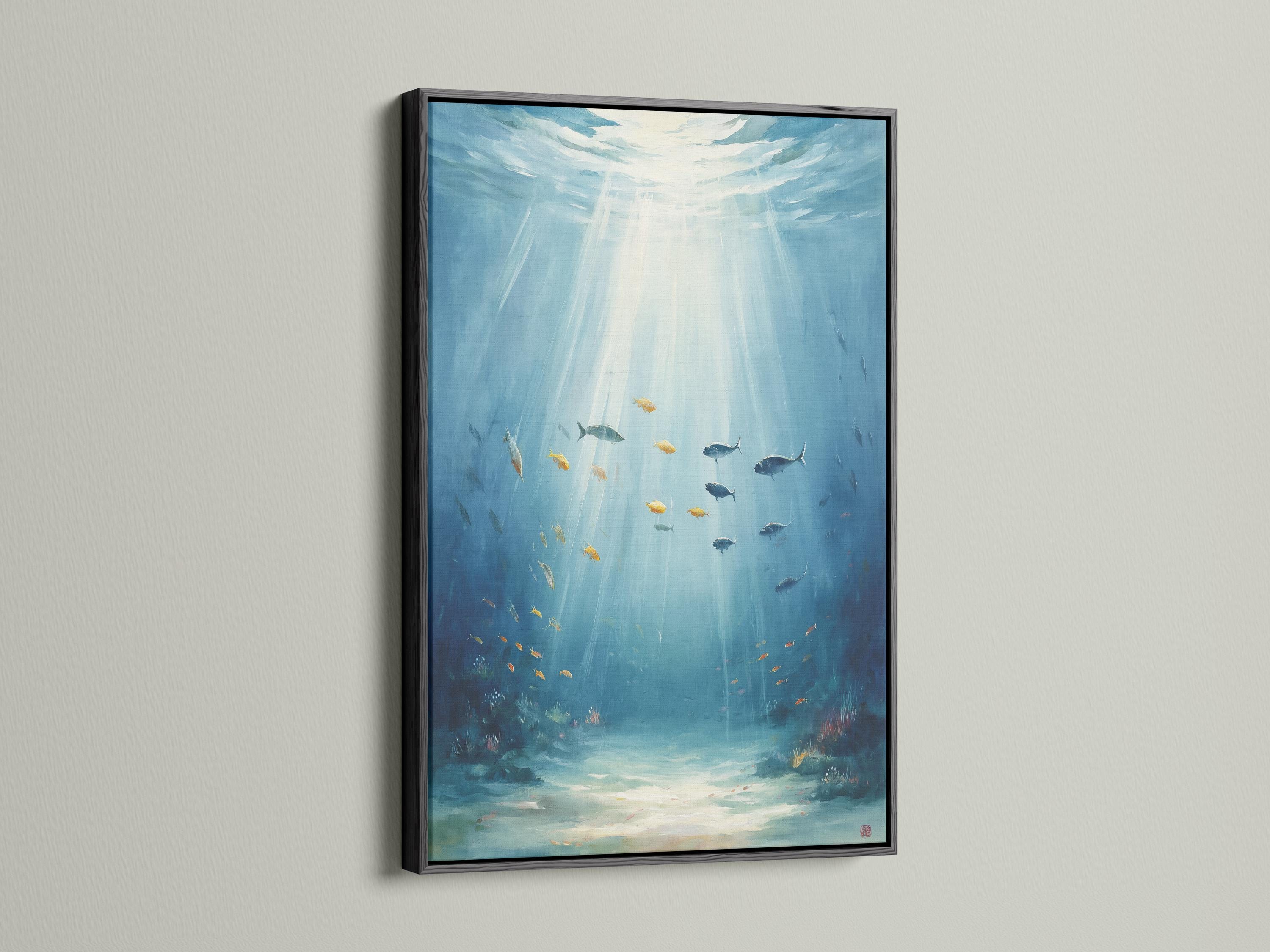 Bathroom wall mockup showing framed underwater fish artwork in aqua and blue