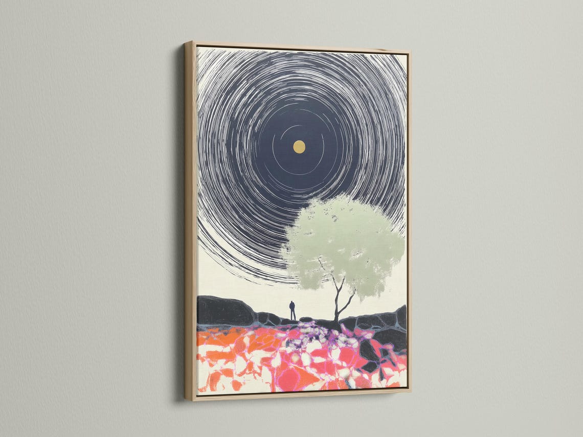Abstract portrait artwork with navy spiral lines, a gold circle, a pale green tree silhouette, and bright fractured foreground colours detail view