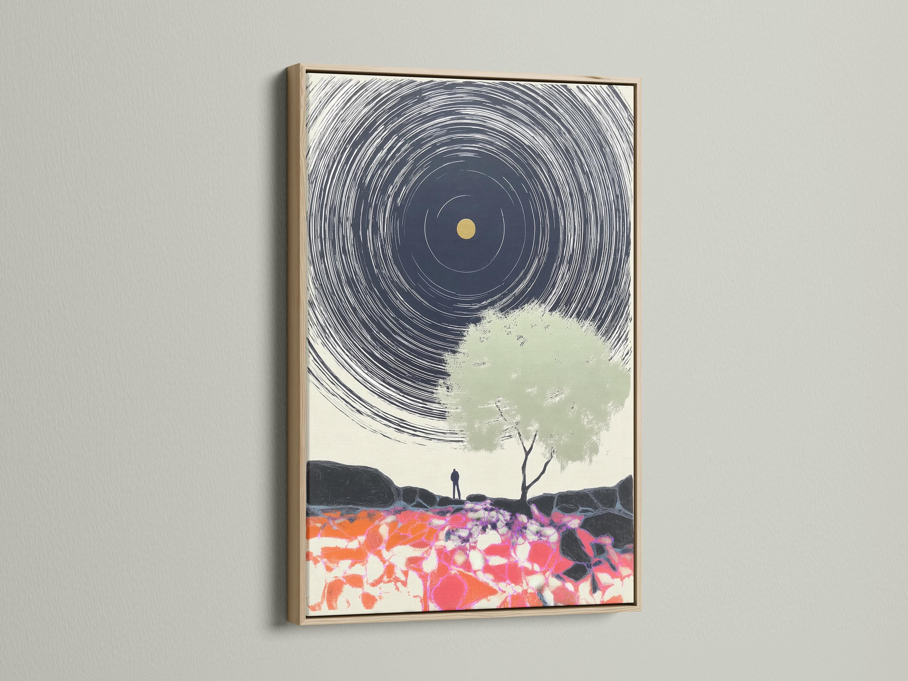 Abstract portrait artwork with navy spiral lines, a gold circle, a pale green tree silhouette, and bright fractured foreground colours detail view
