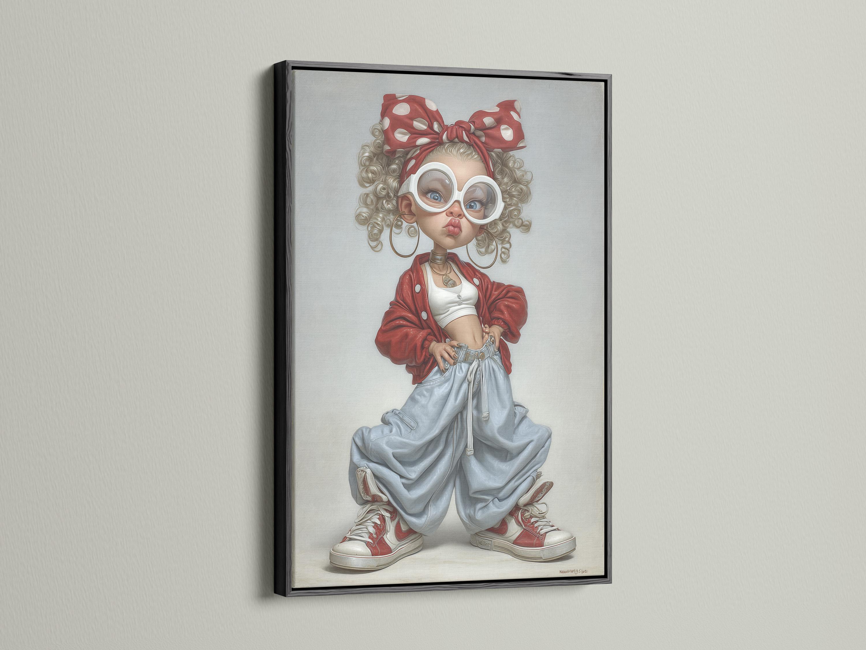 Pop art portrait of a curly-haired girl with white glasses, red bow and red jacket over denim trousers detail view