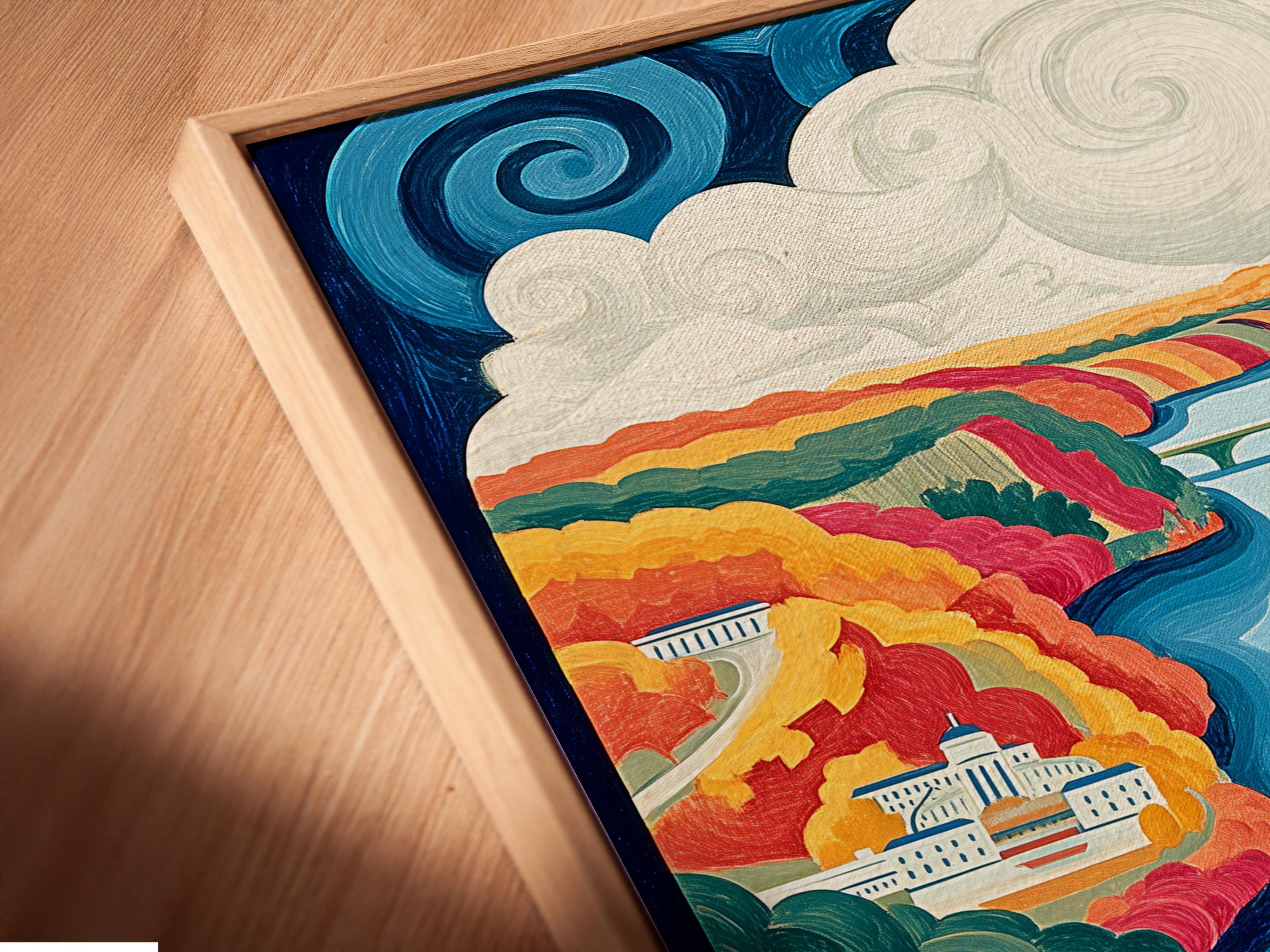 Stylised autumn river valley landscape with winding blue river, warm foliage, pale clouds and small buildings detail view