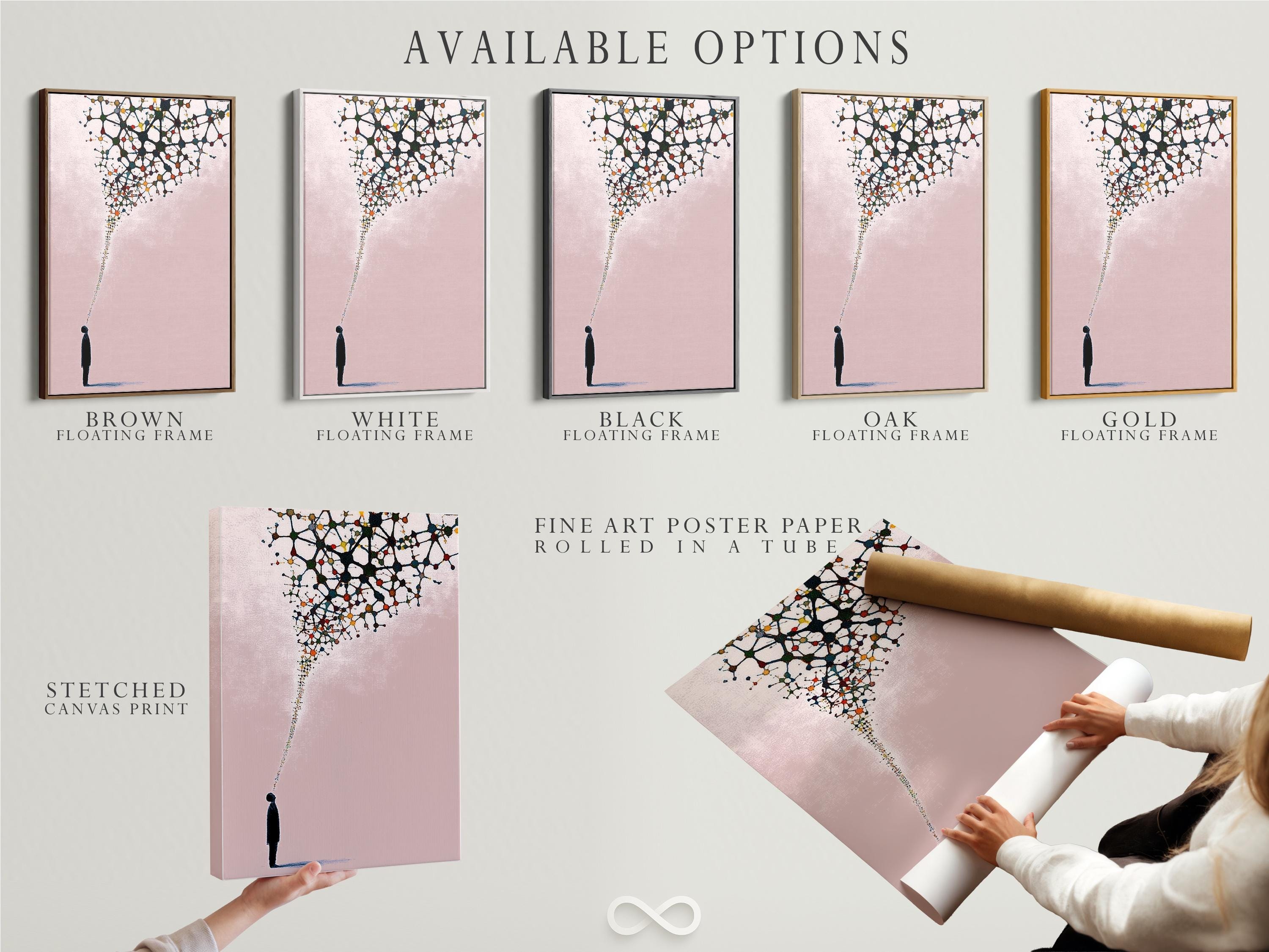 Blush pink abstract artwork with a black silhouette figure and branching network of coloured nodes detail view