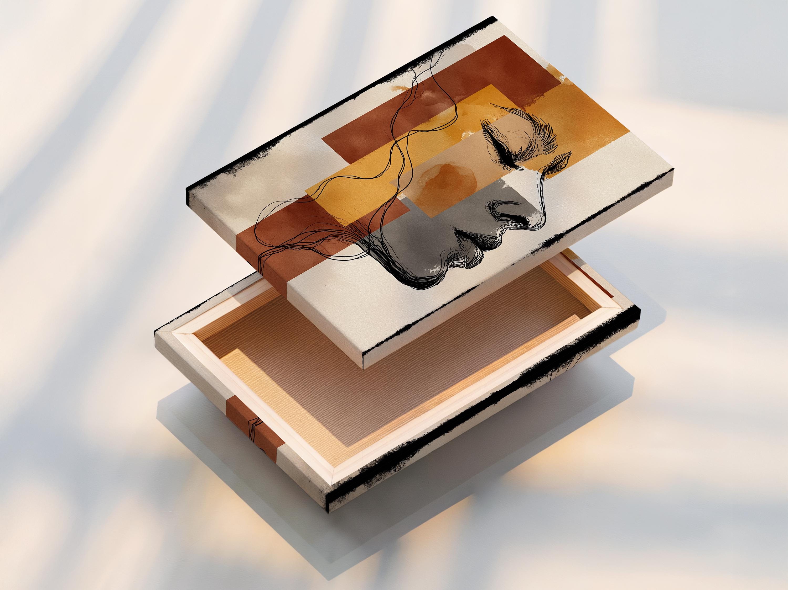 Terracotta and beige abstract woman profile artwork displayed in a frame arrangement