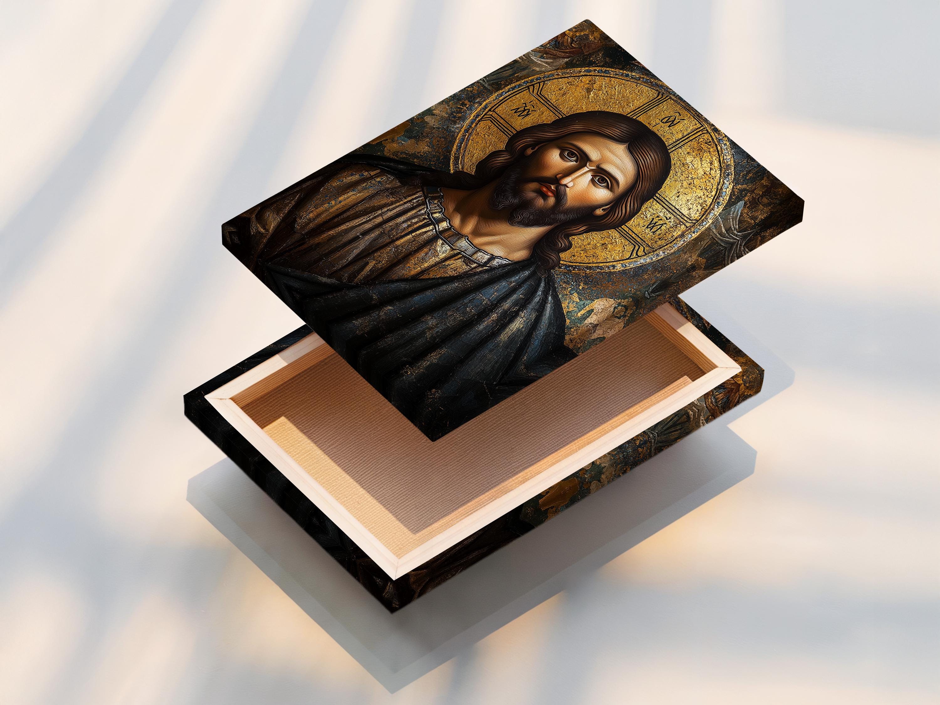 Byzantine-style portrait of Jesus Christ with a gold halo and textured dark background detail view