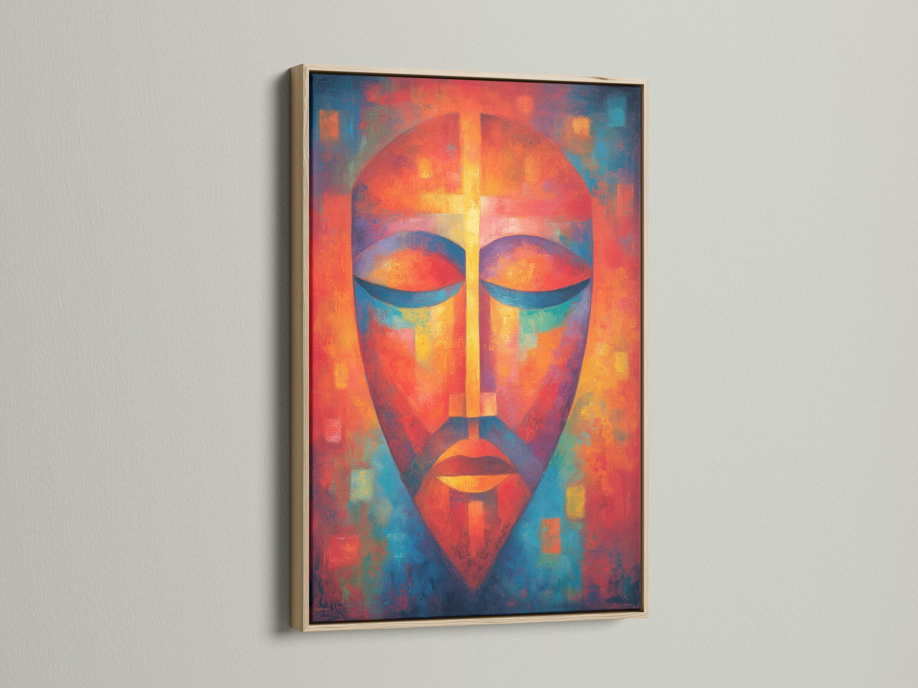 Abstract face portrait with vivid orange, teal and blue geometric shapes and a central vertical highlight detail view