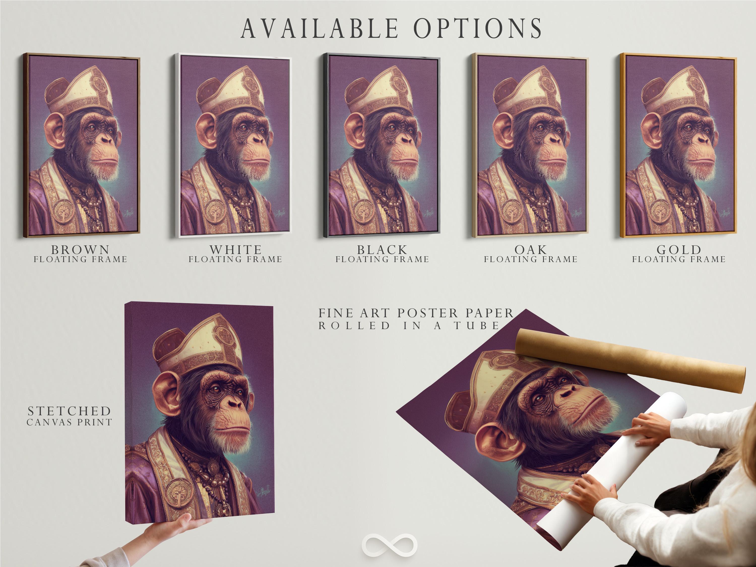 Portrait of a primate wearing an ornate mitre and robes with gold emblem details on a purple background detail view