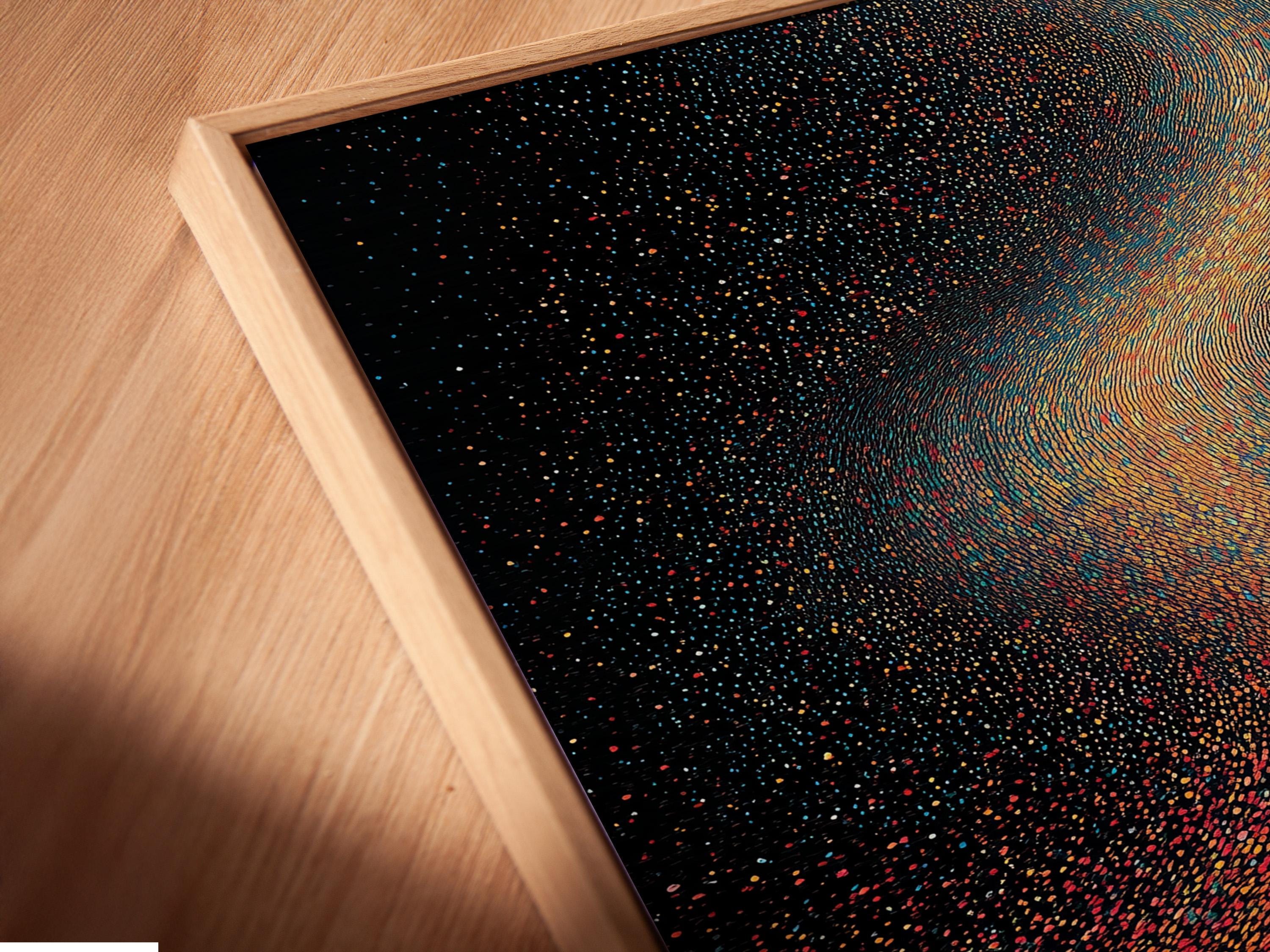 Galaxy spiral artwork displayed in a framed mockup with a neutral wall background