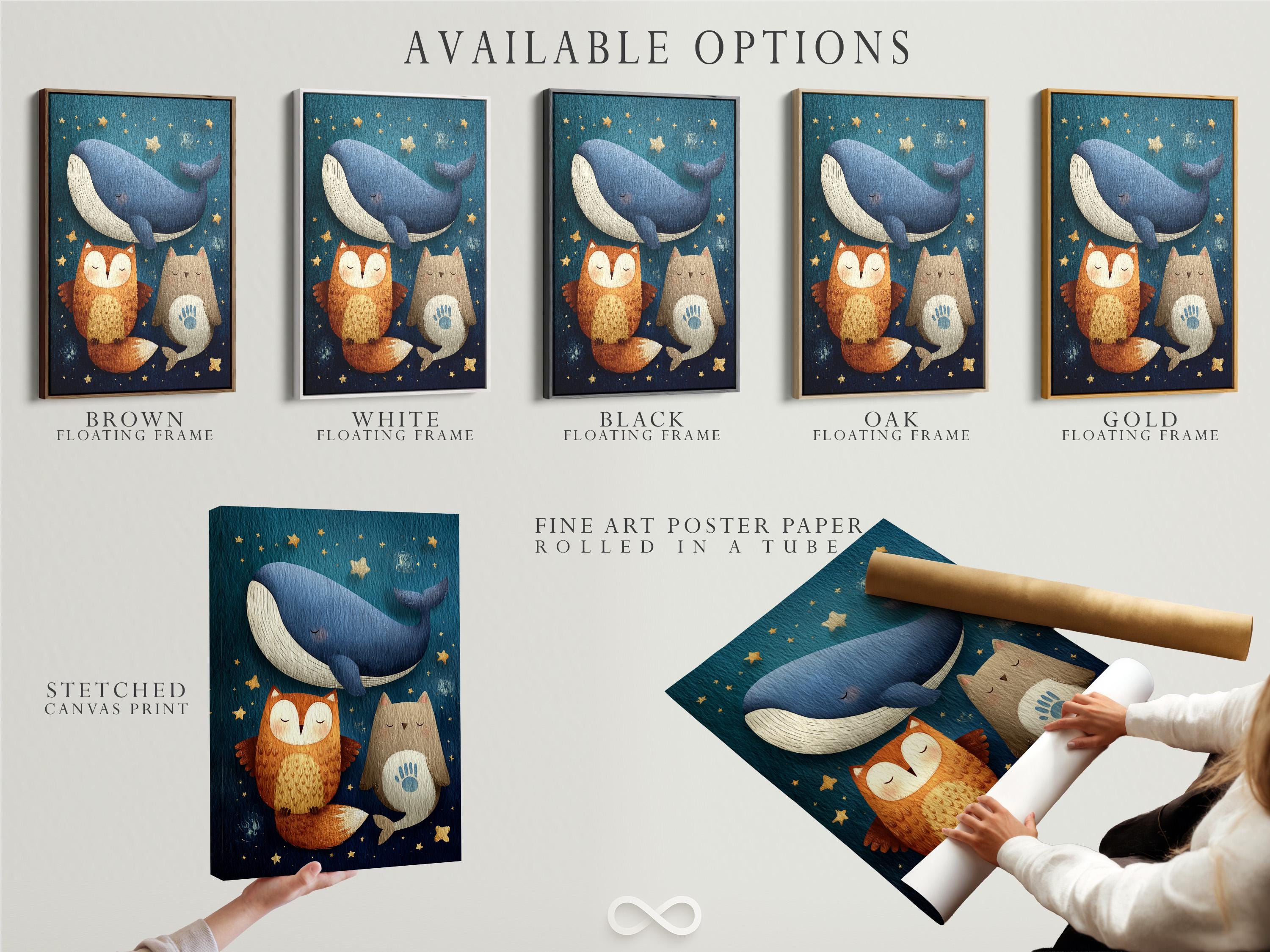 Navy blue animal illustration featuring a large whale, owl-like character, and starry gold accents detail view