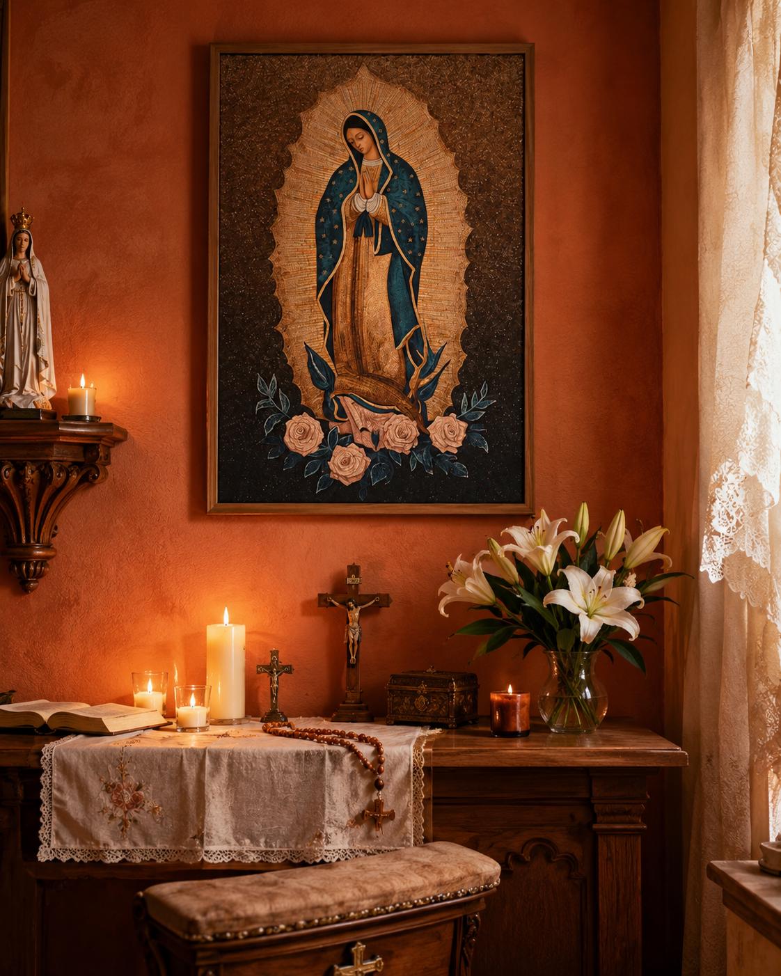 Woman praying beside a framed Virgin Mary portrait on a wall above a table with candles and flowers