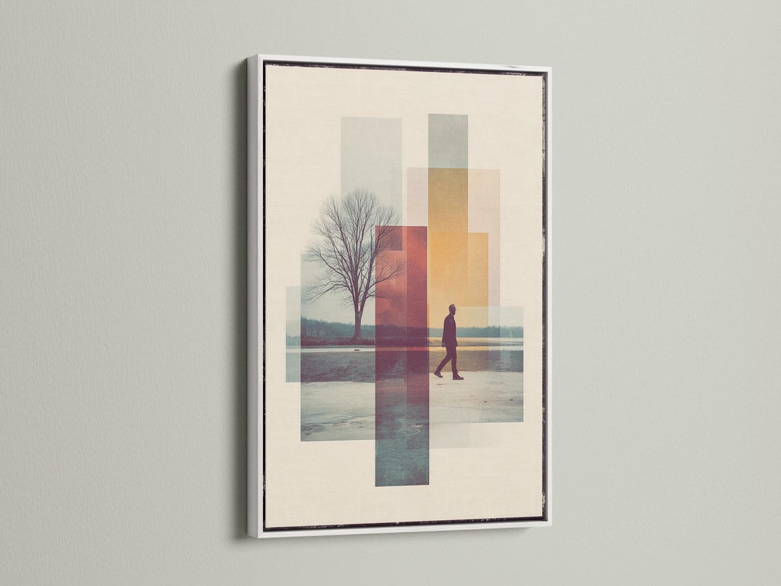 Beige abstract geometric landscape with a leafless tree and a walking figure detail view