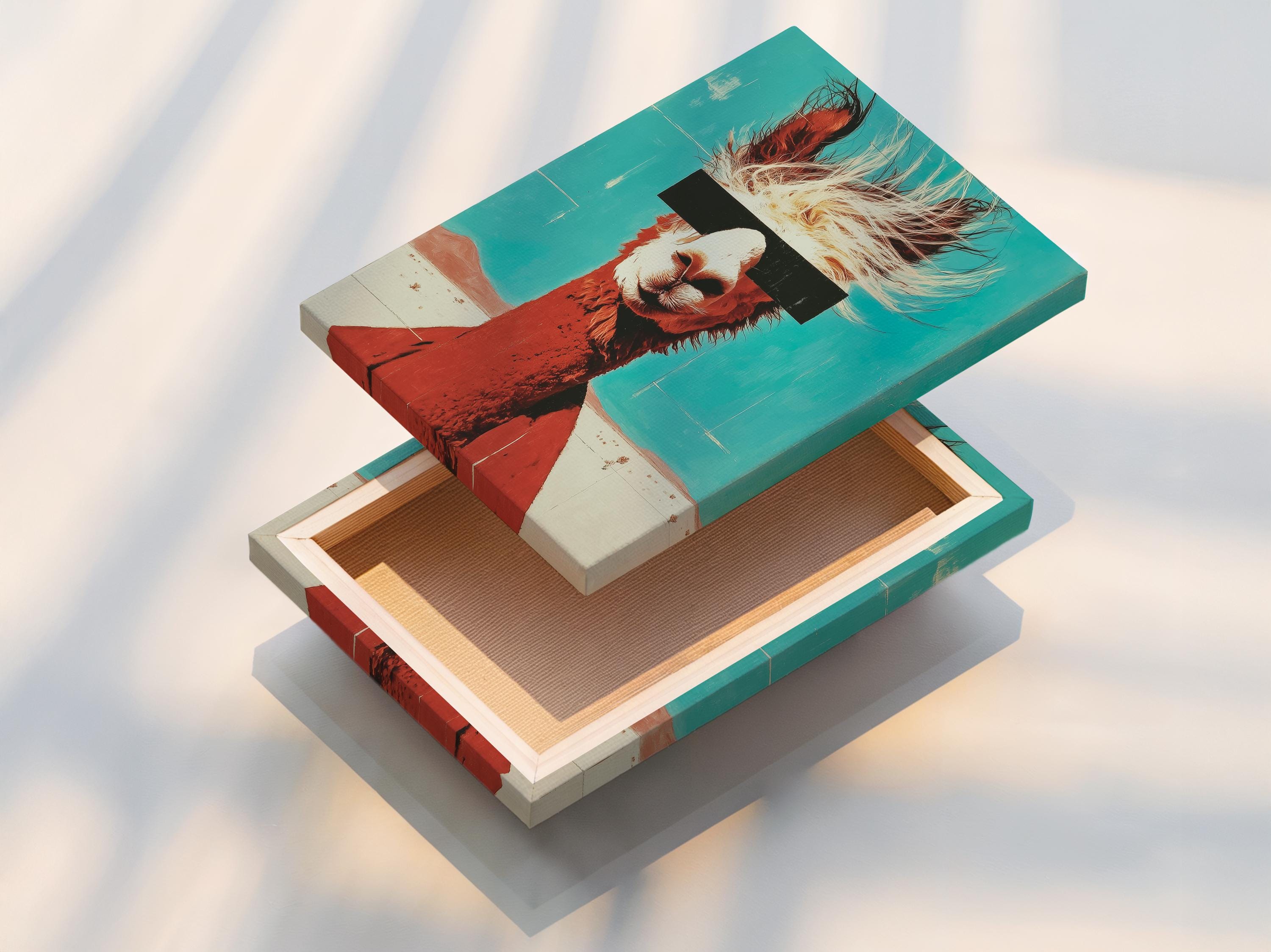 Stylised llama portrait on a turquoise background with rust-brown body and cream fur lines detail view