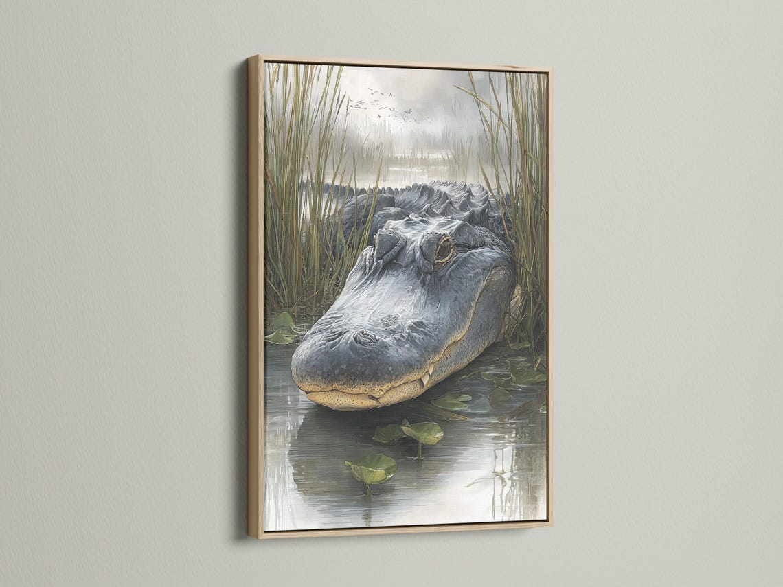Grey alligator in a swamp scene with tall reeds, lily pads and water reflections detail view