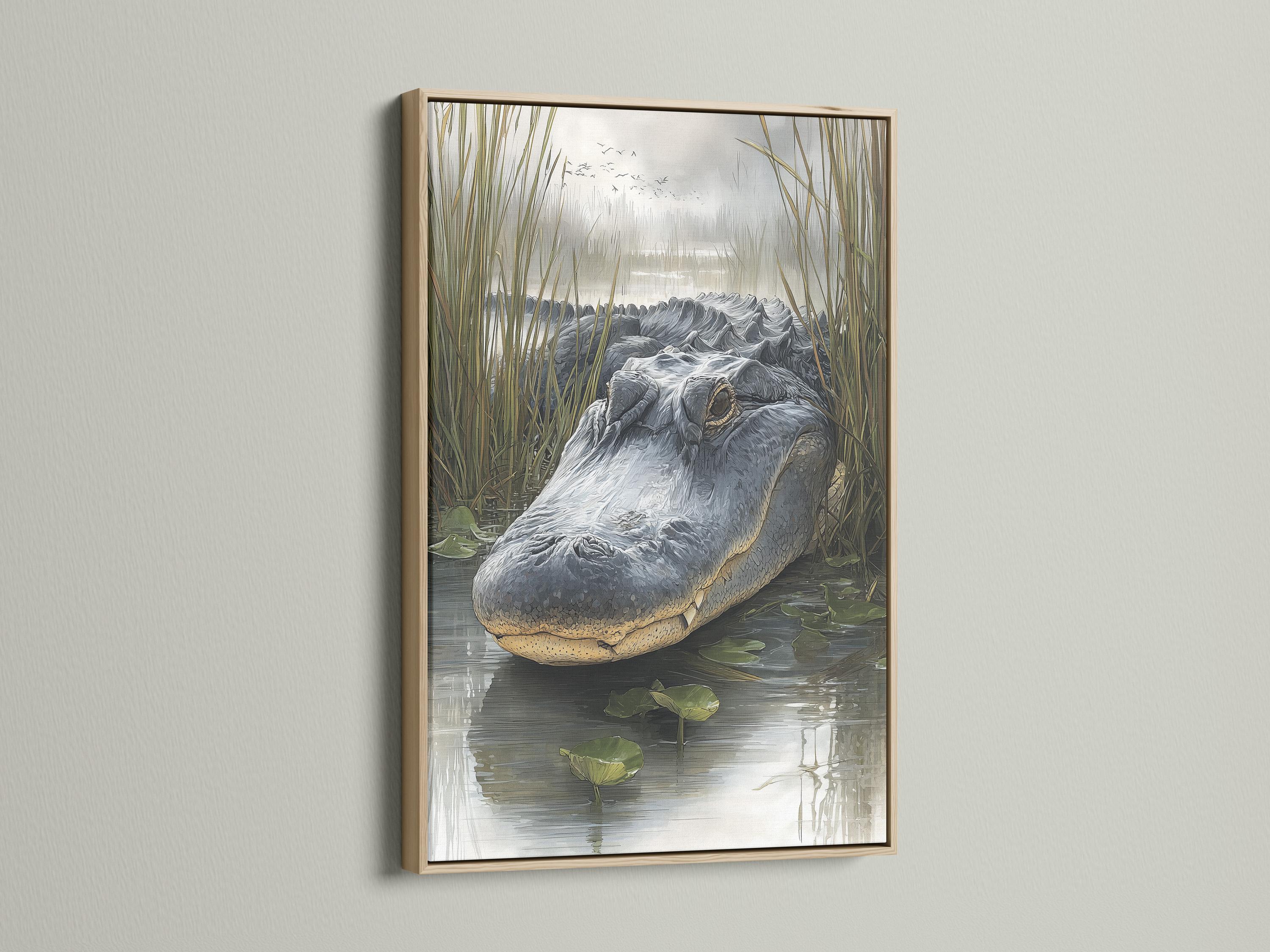 Grey alligator in a swamp scene with tall reeds, lily pads and water reflections detail view