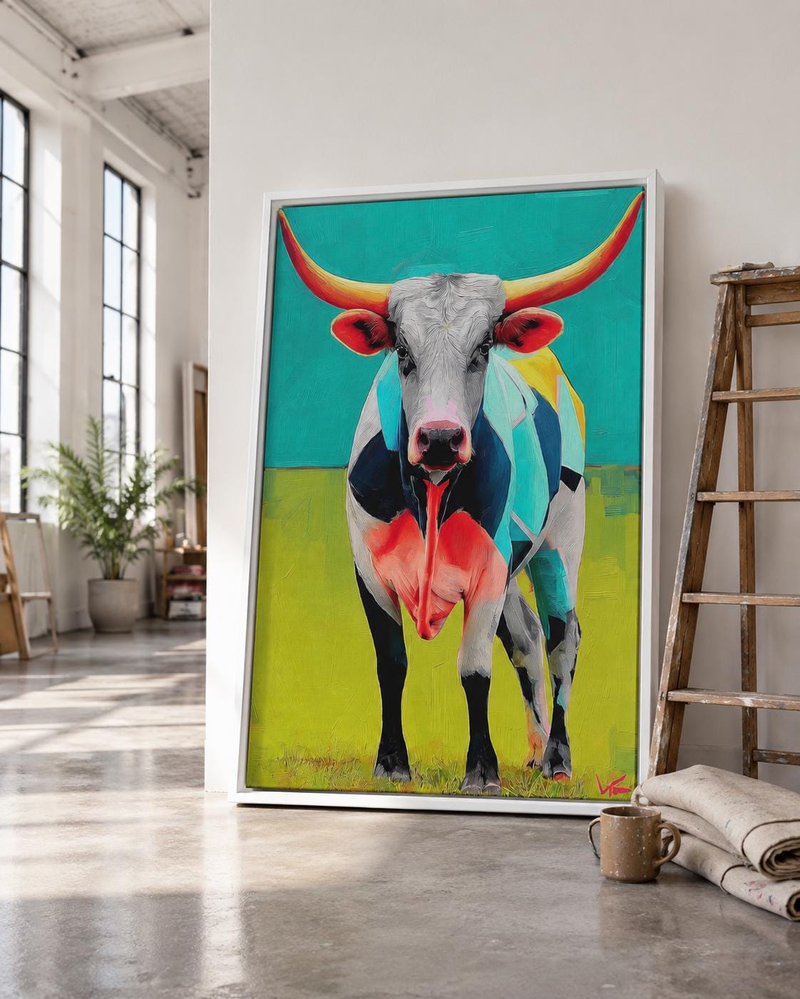Room mockup with a framed longhorn steer artwork on a wall above a green upholstered sofa and dining table