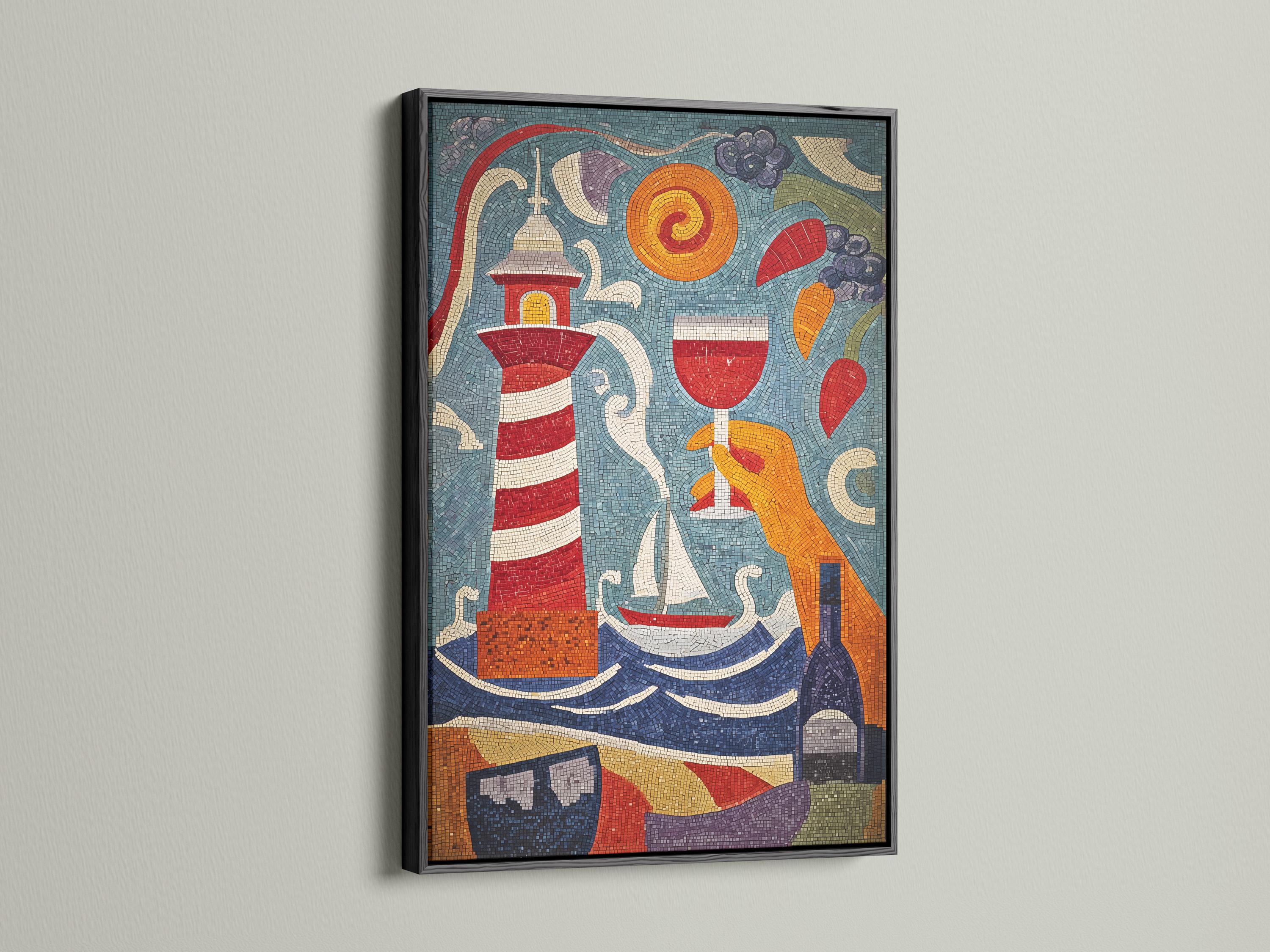 Mosaic lighthouse scene with curved waves in blue, red, white and gold tiles detail view
