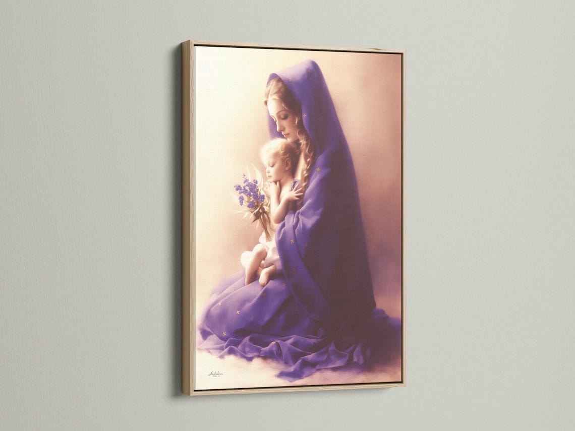 A softly lit Madonna figure in a purple veil holds a smiling baby, with a small bouquet of lilac flowers and delicate gold star-like marks detail view