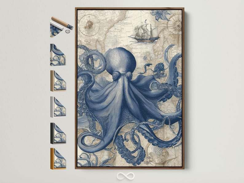 Blue octopus illustration over a vintage map background with a small sailboat