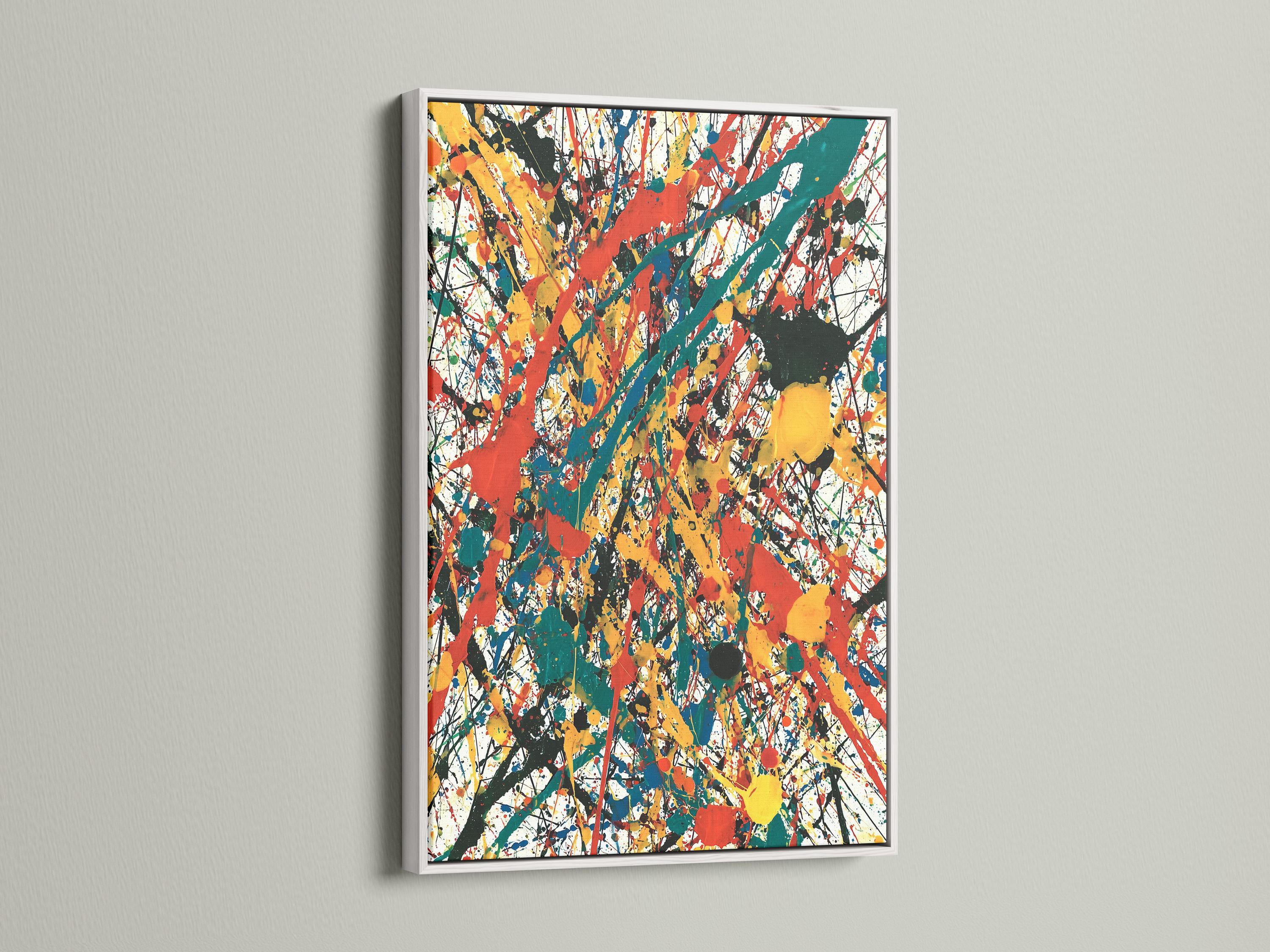 Room mockup showing an abstract expressionist artwork with red, teal, yellow and black splatters