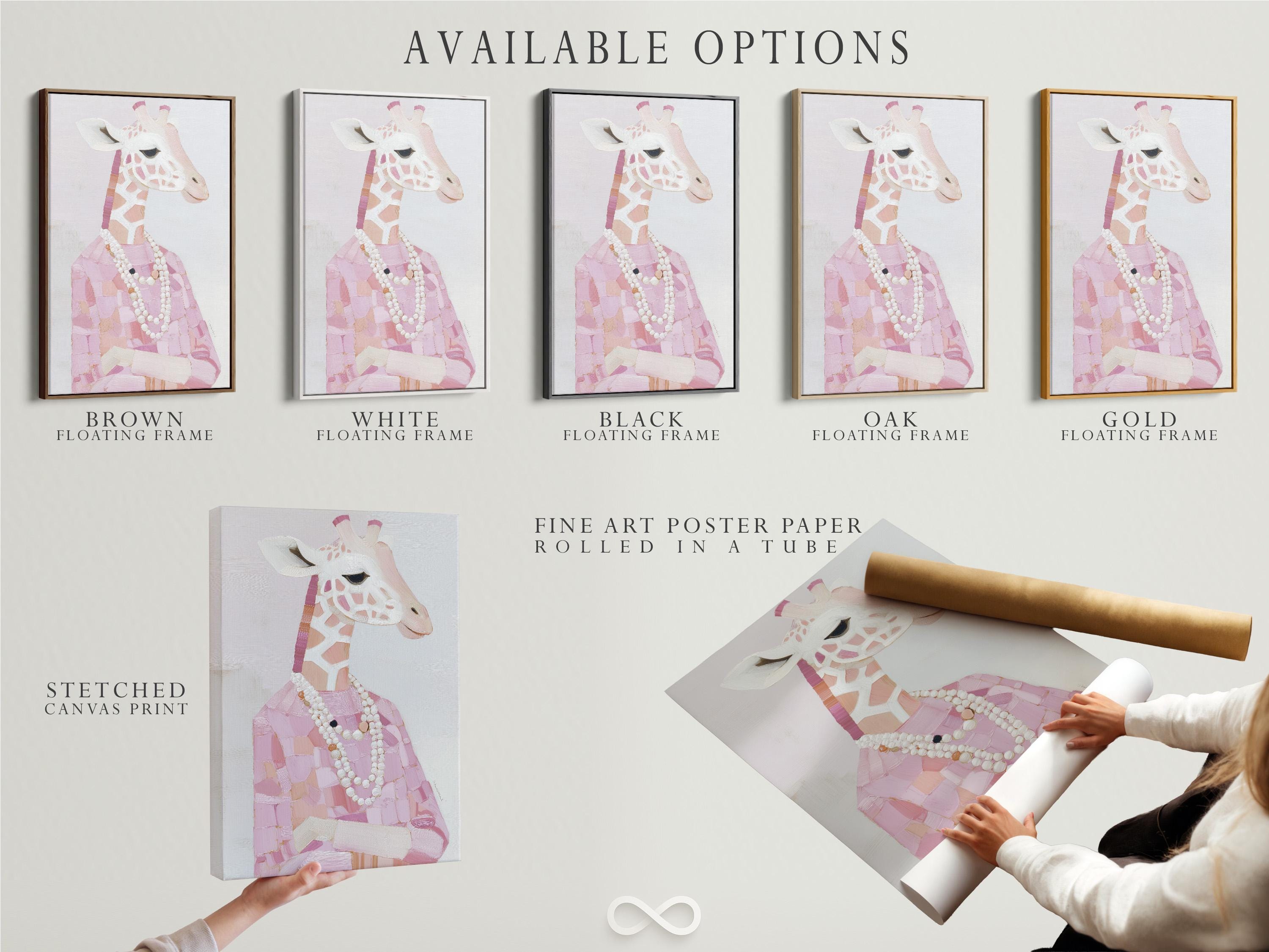 A stylised pink giraffe portrait is shown in a painterly, patchwork-like design with a pearl-like necklace, set against a pale background detail view