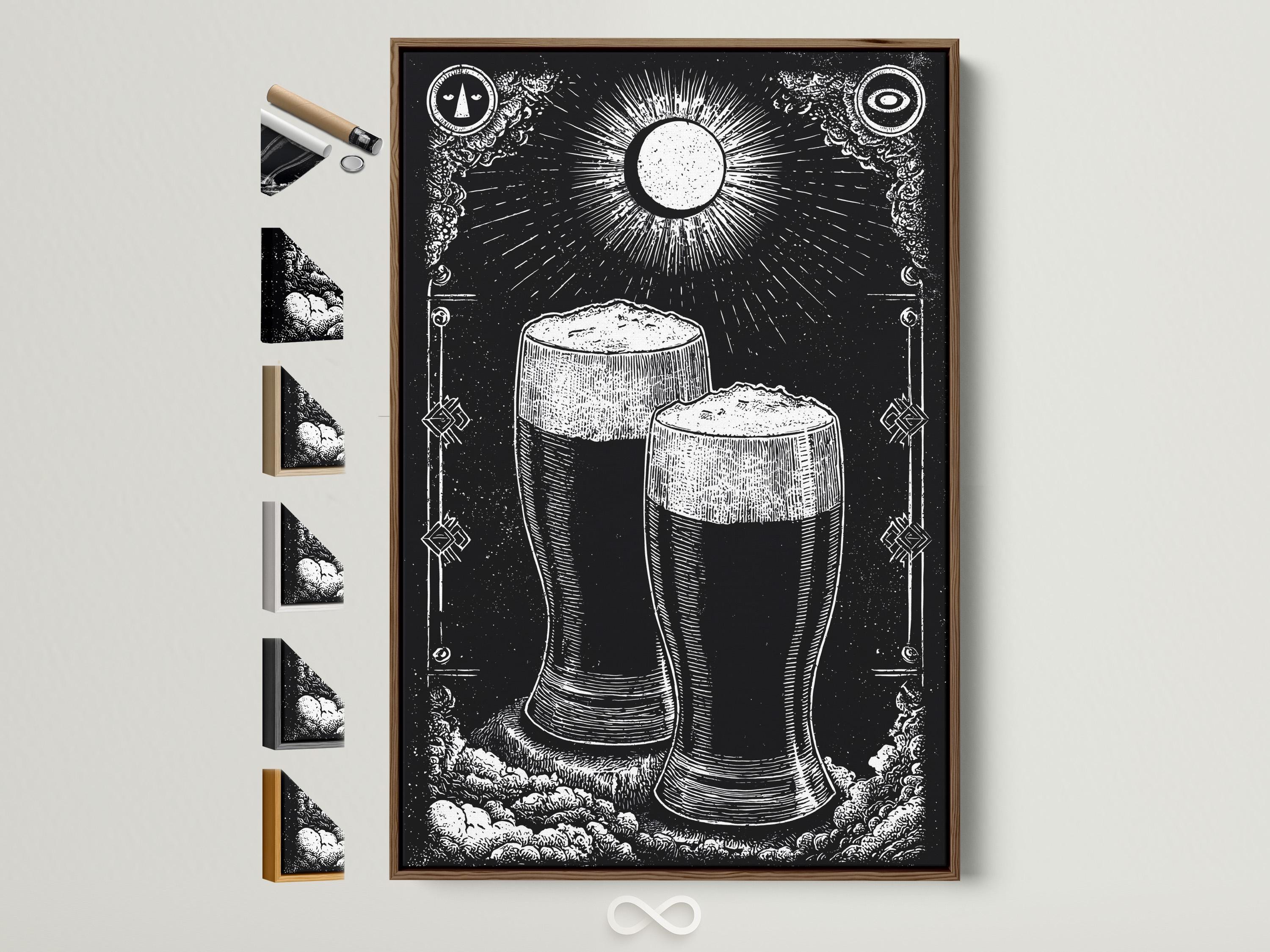 Person holding a framed black-and-white beer mug illustration in a workshop-style bar setting