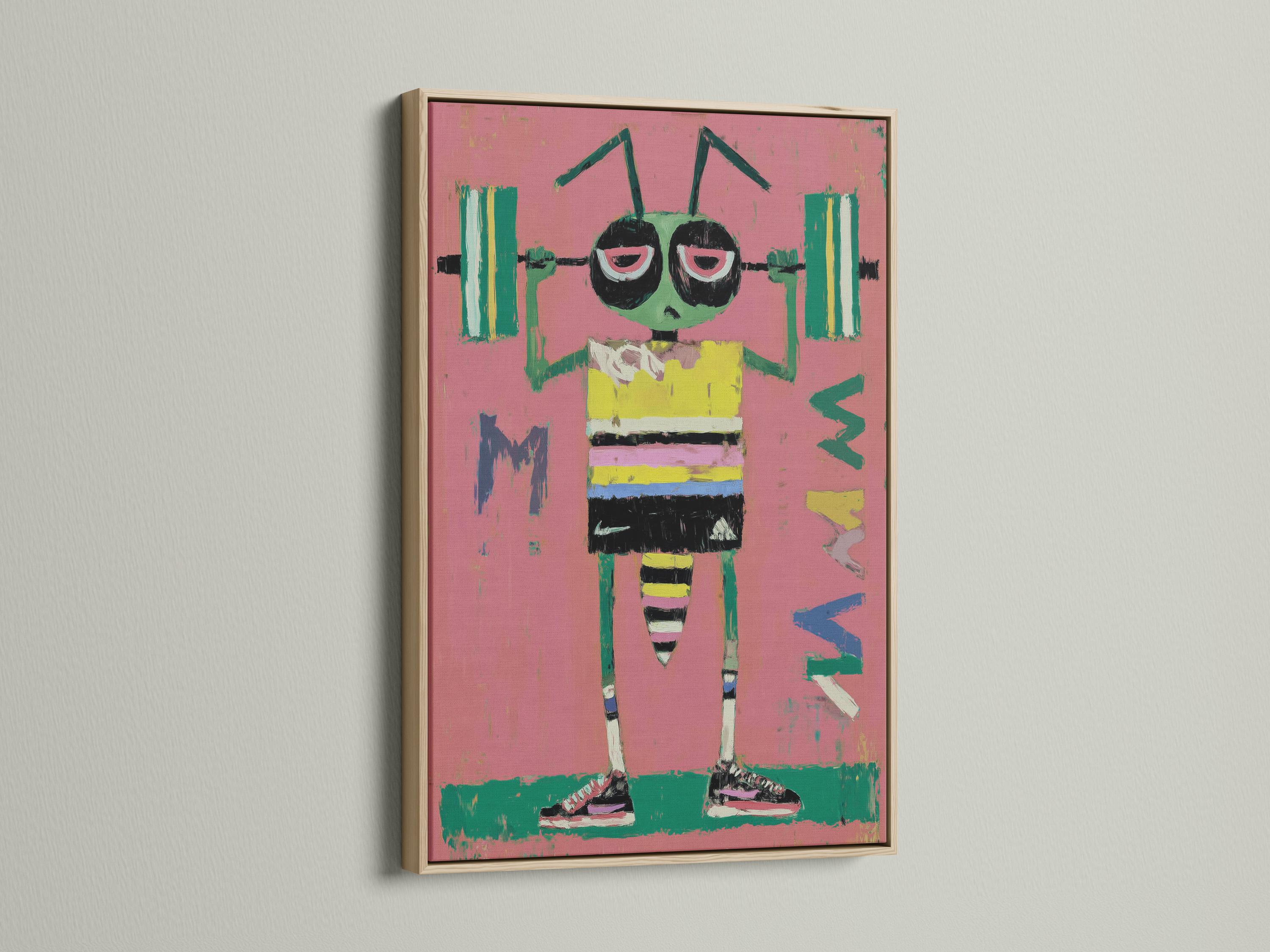 Cartoon bug character with large eyes, pink background, and green and yellow striped body detail view