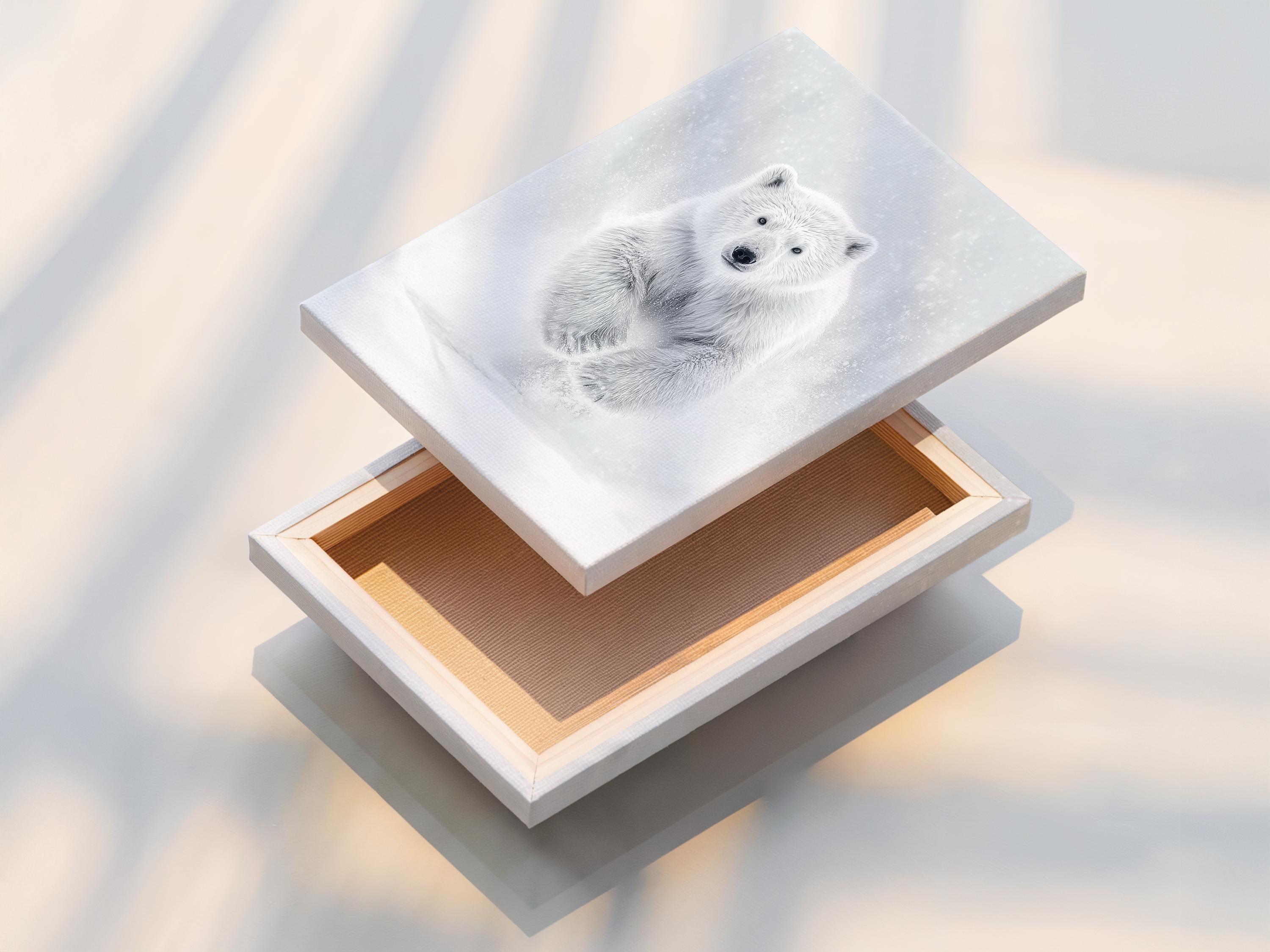 Room mockup showing a framed monochrome polar bear running artwork