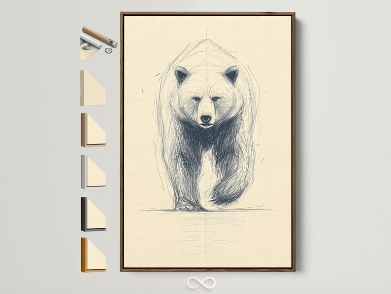 Minimalist sketch of a bear face and upper body with blue-grey lines on a cream background