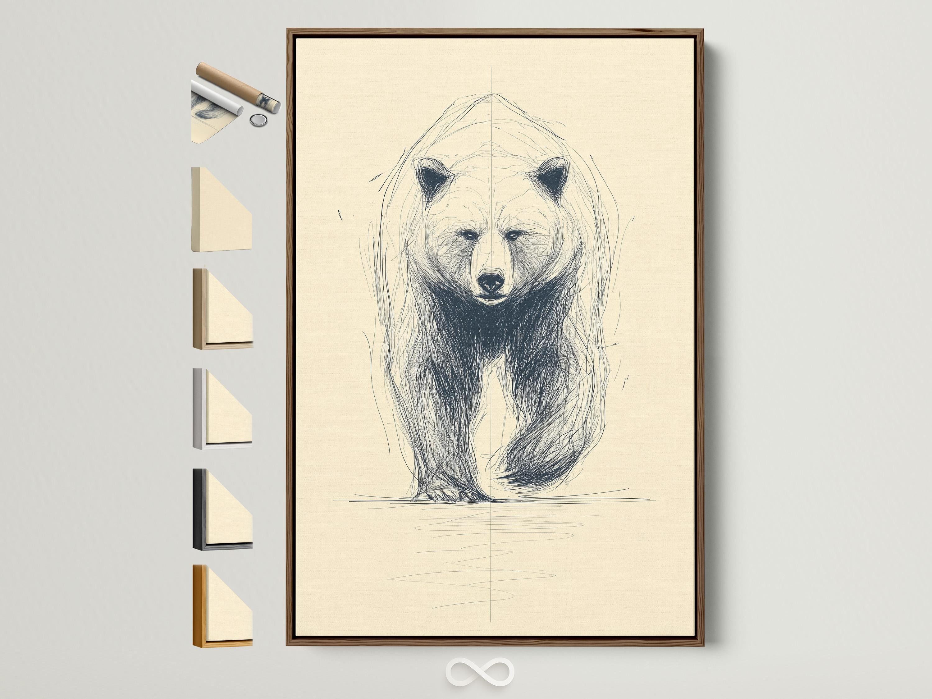 Minimalist sketch of a bear face and upper body with blue-grey lines on a cream background