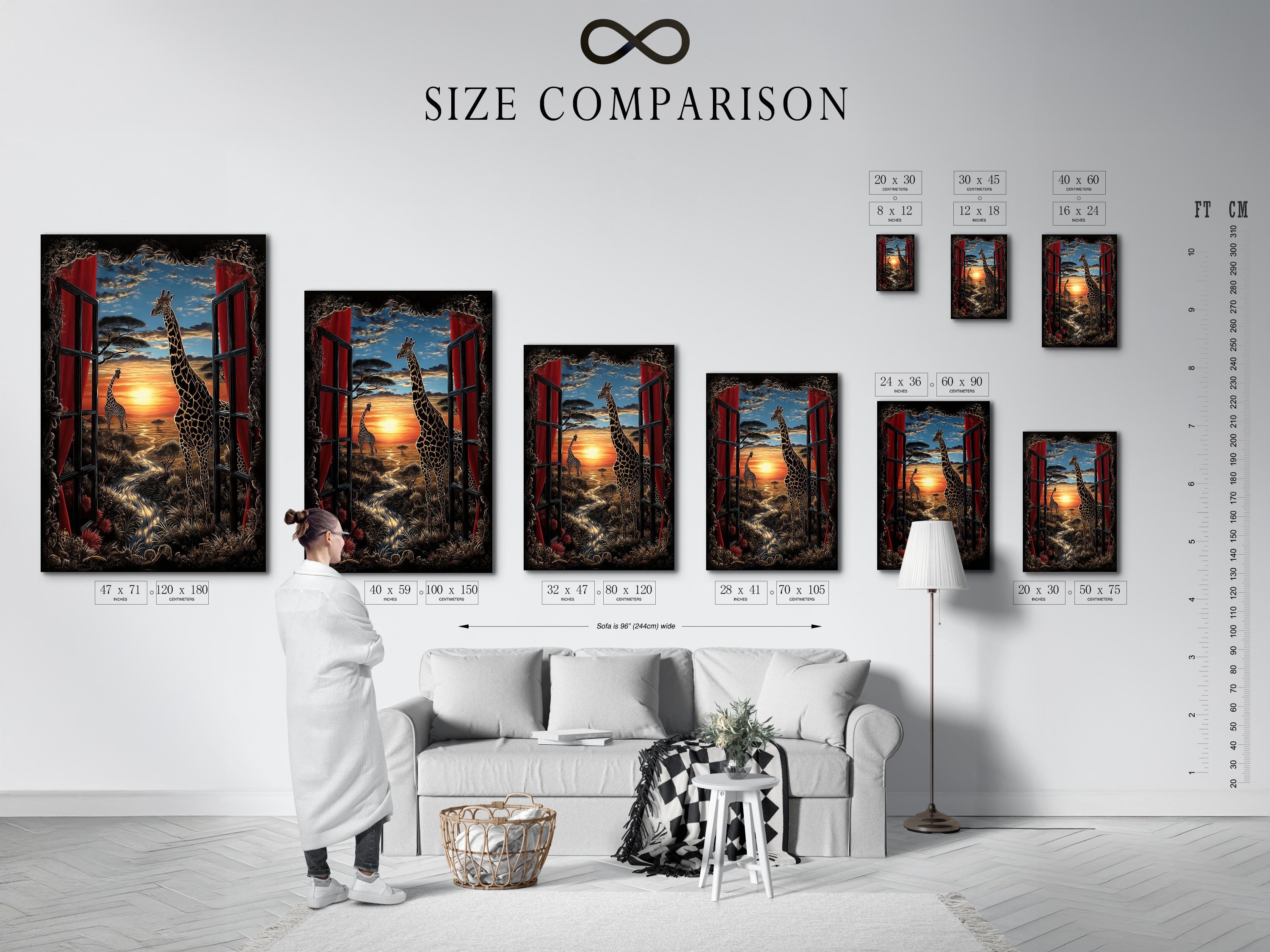 Framed giraffe window-view sunset artwork shown on a wall, with curtain shutters and a savanna