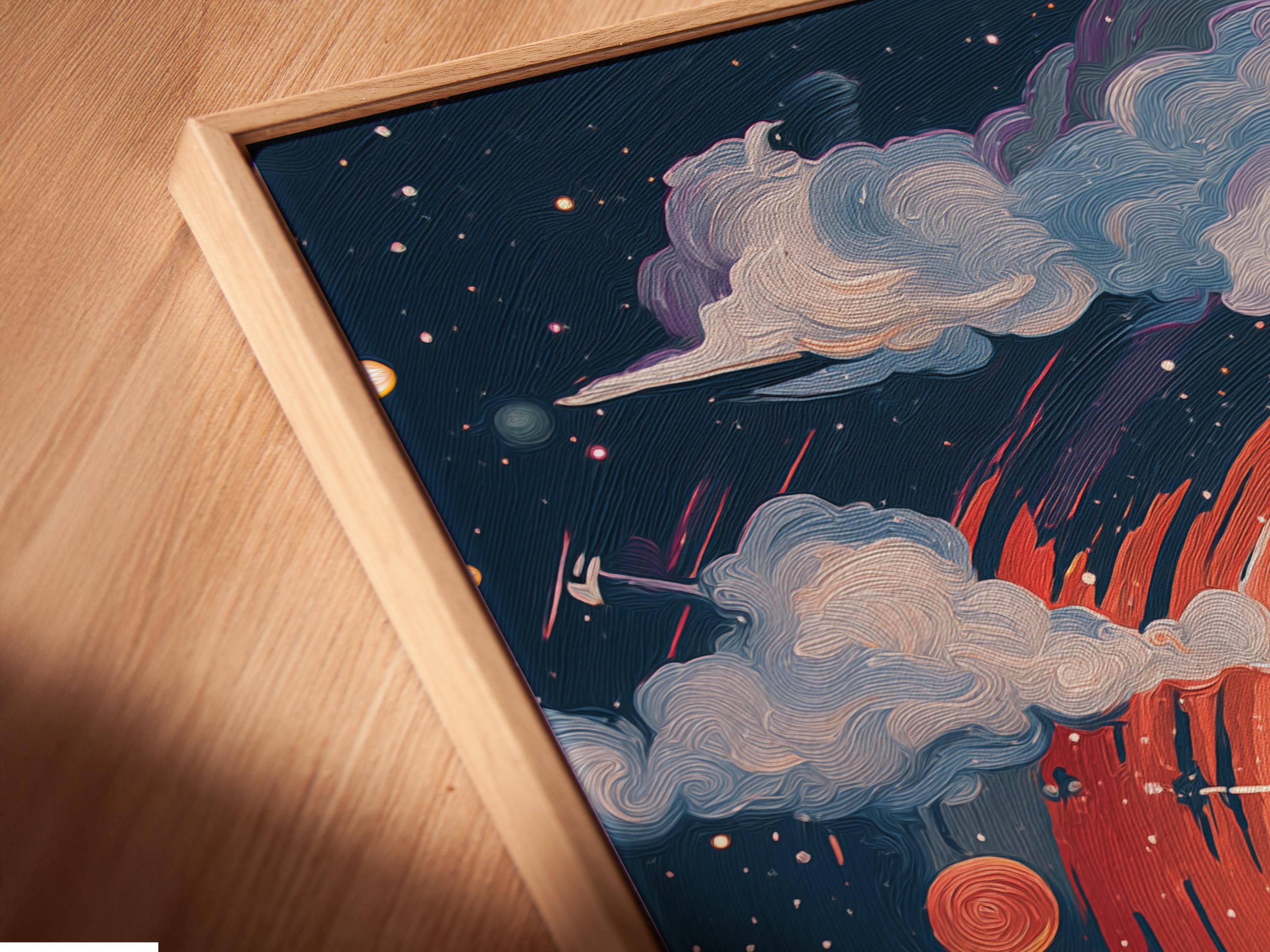 Glowing planet and lighthouse in a cosmic scene with swirling clouds and stars detail view