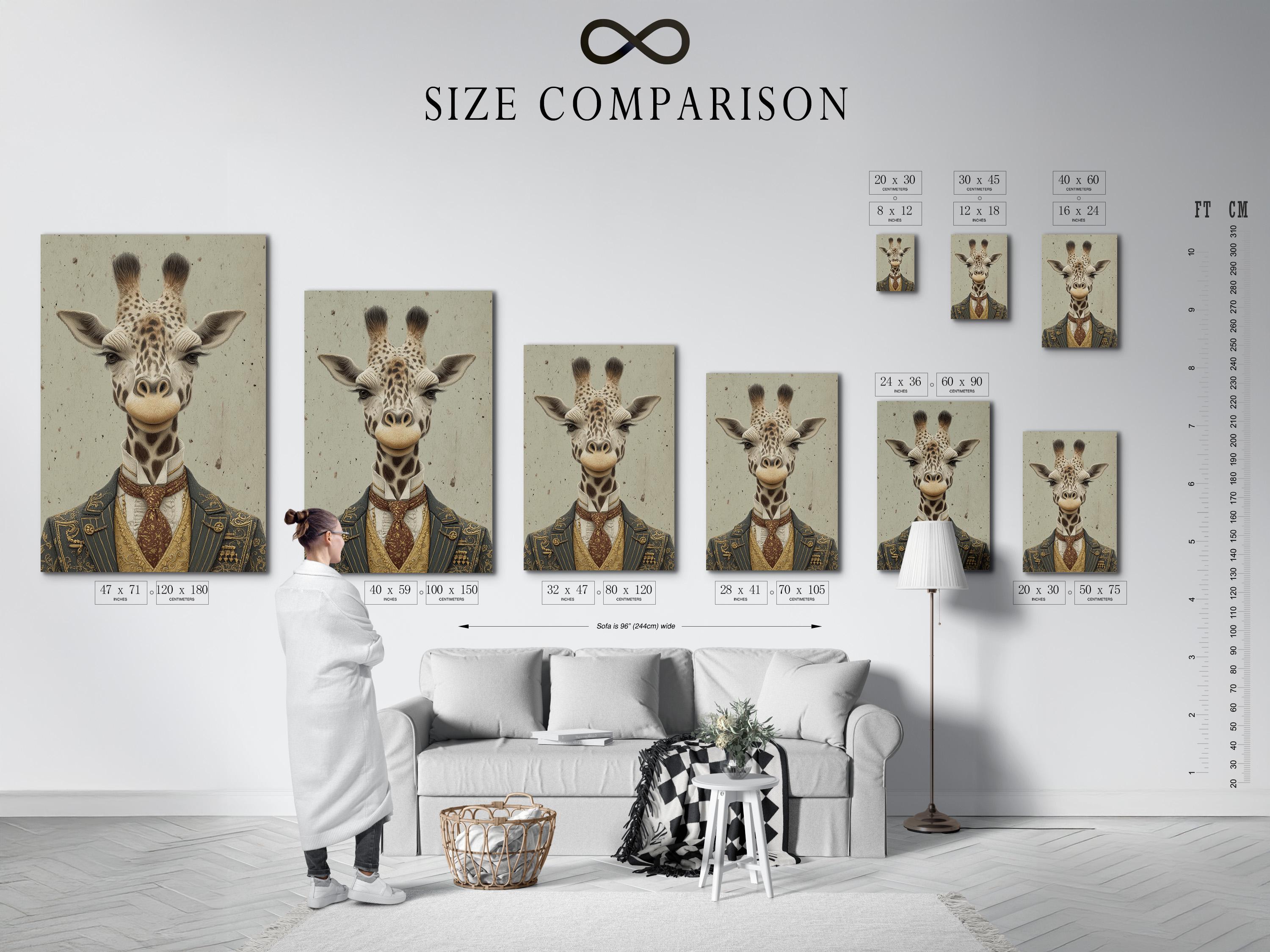 Vintage-style giraffe portrait wearing a formal suit, with antique gold and deep maroon details detail view