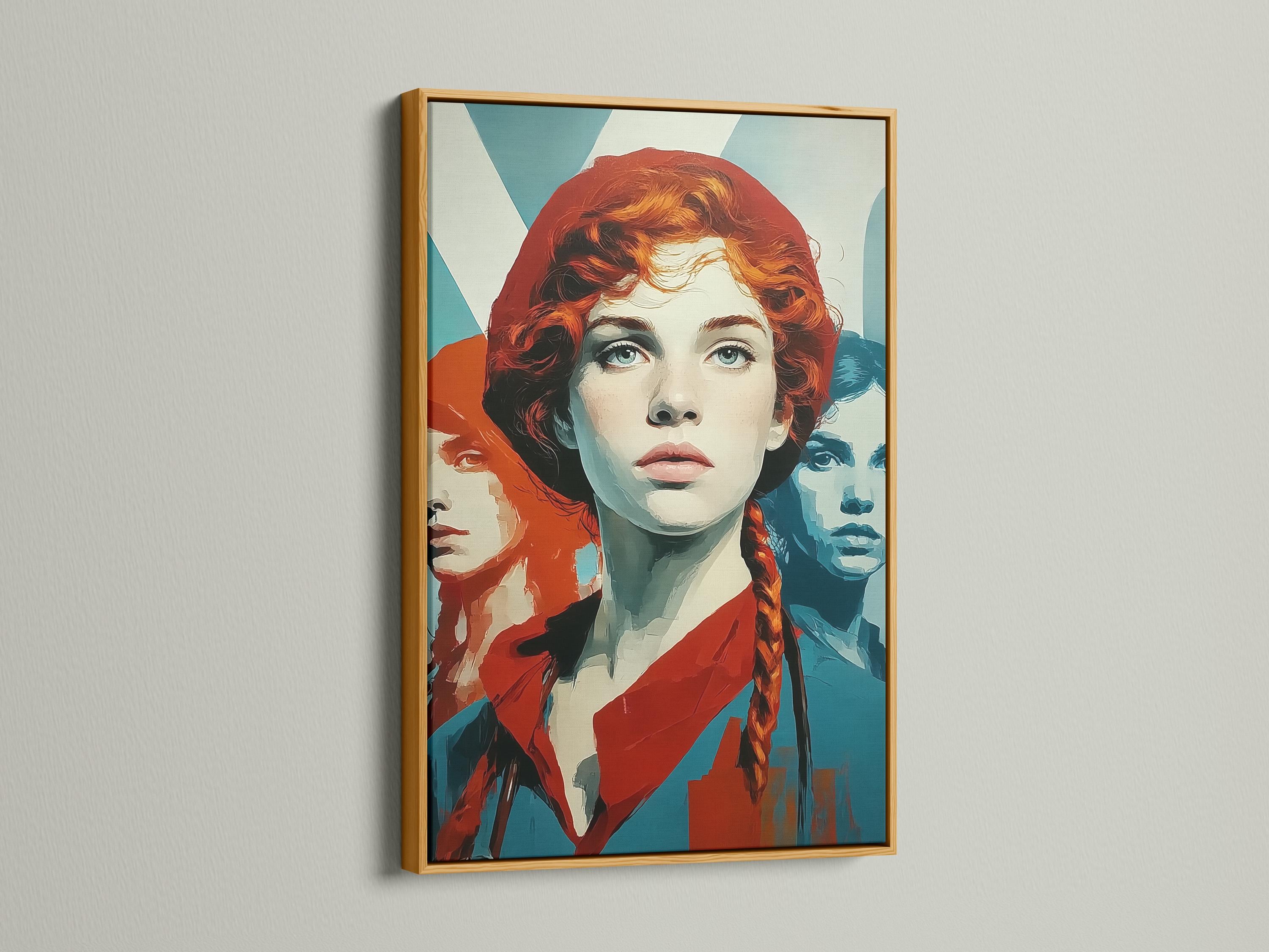 Retro pop-art portrait of a red-haired woman with teal and orange colour blocks detail view