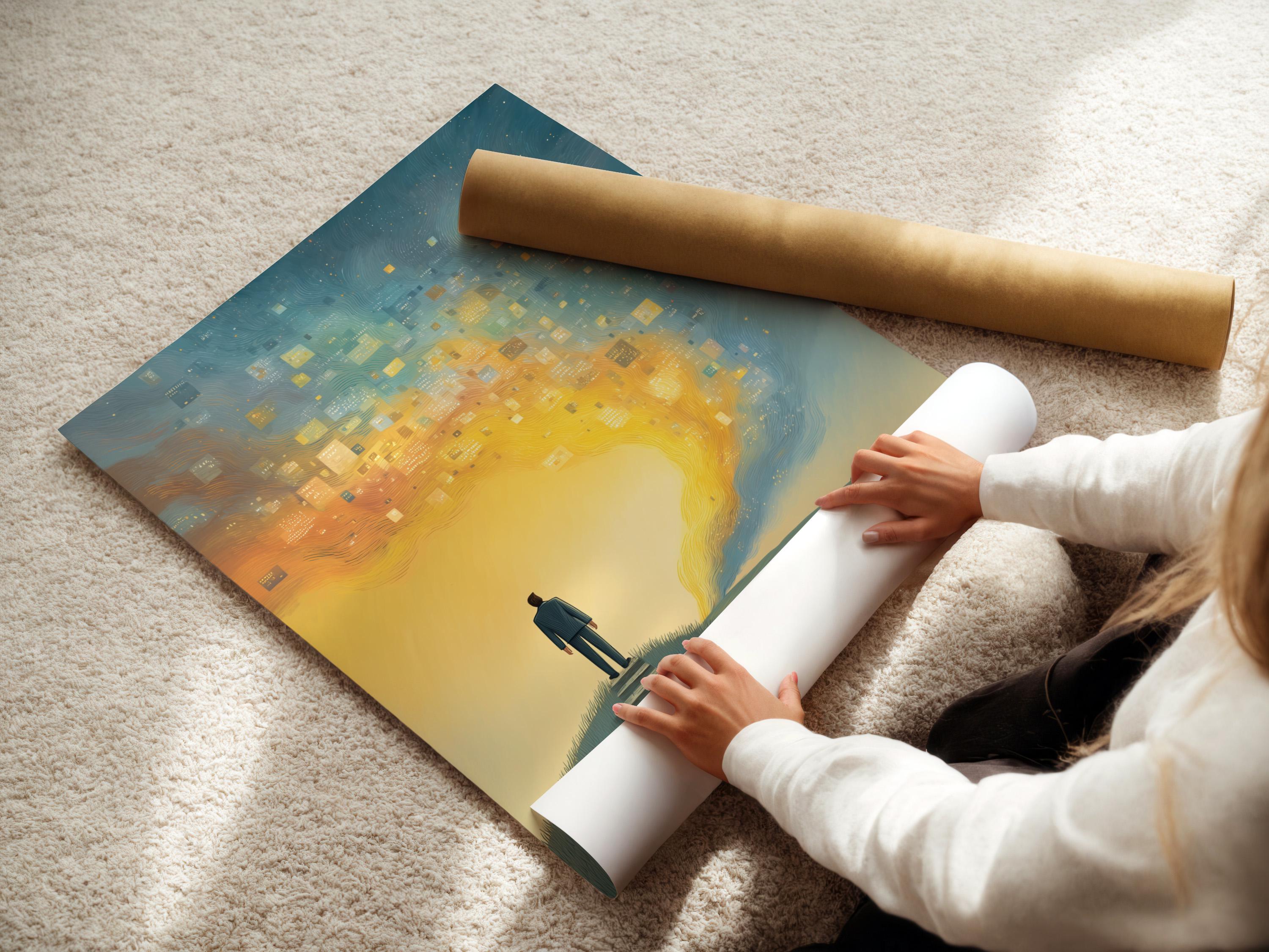 Wall mockup showing framed blue and gold surreal steps artwork
