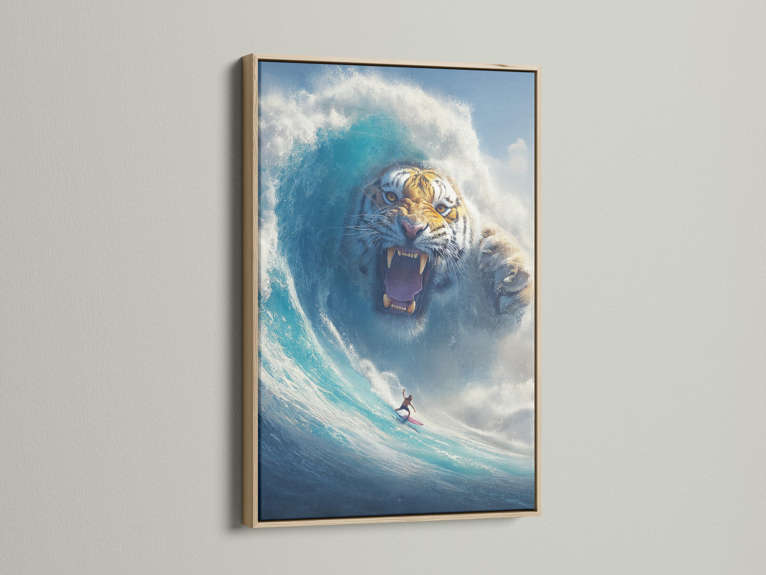 Wall mockup showing framed ocean fantasy tiger wave artwork