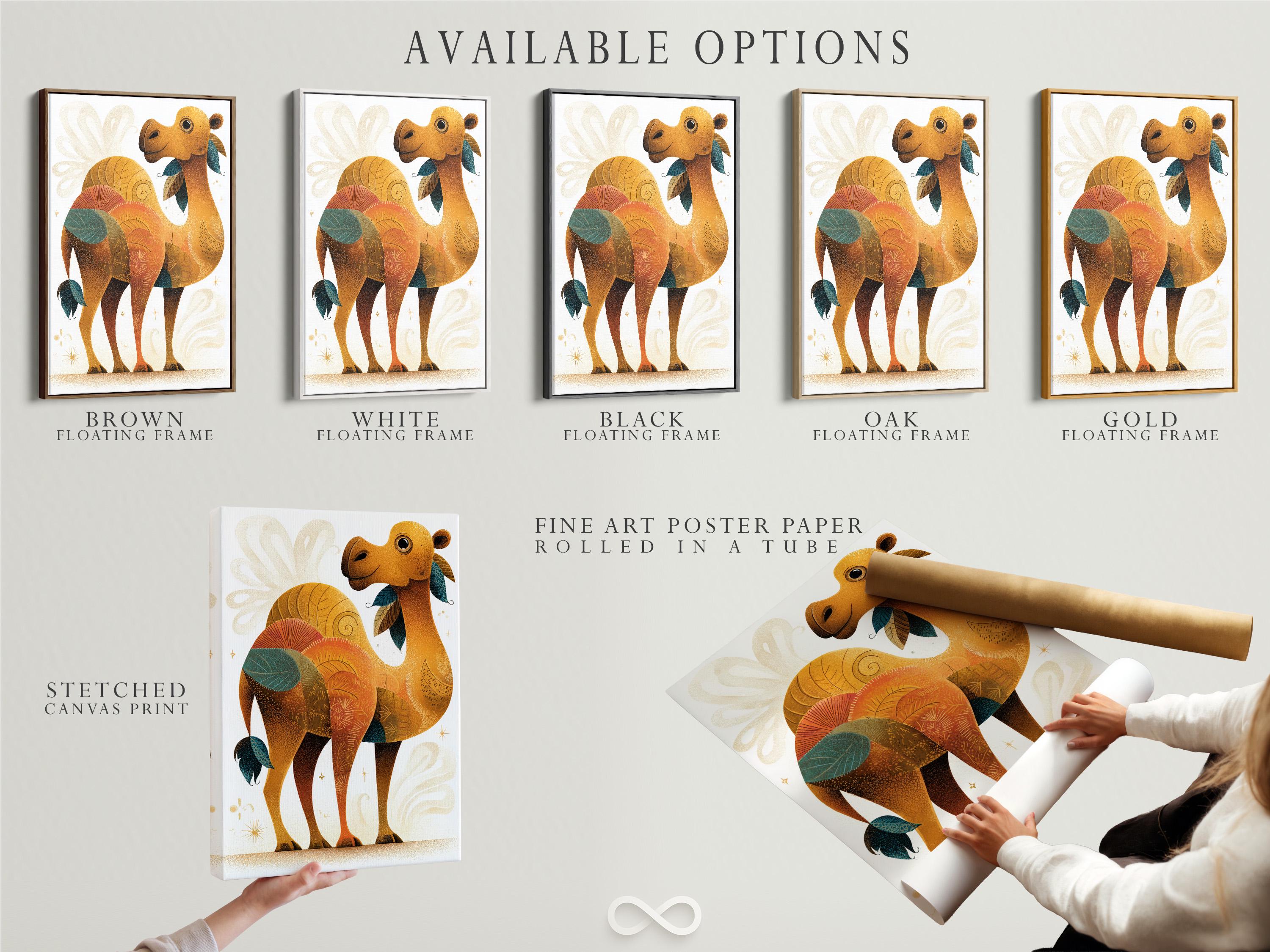 Illustrated camel with warm ochre body, teal leaf details and gold star flecks on an off-white background detail view